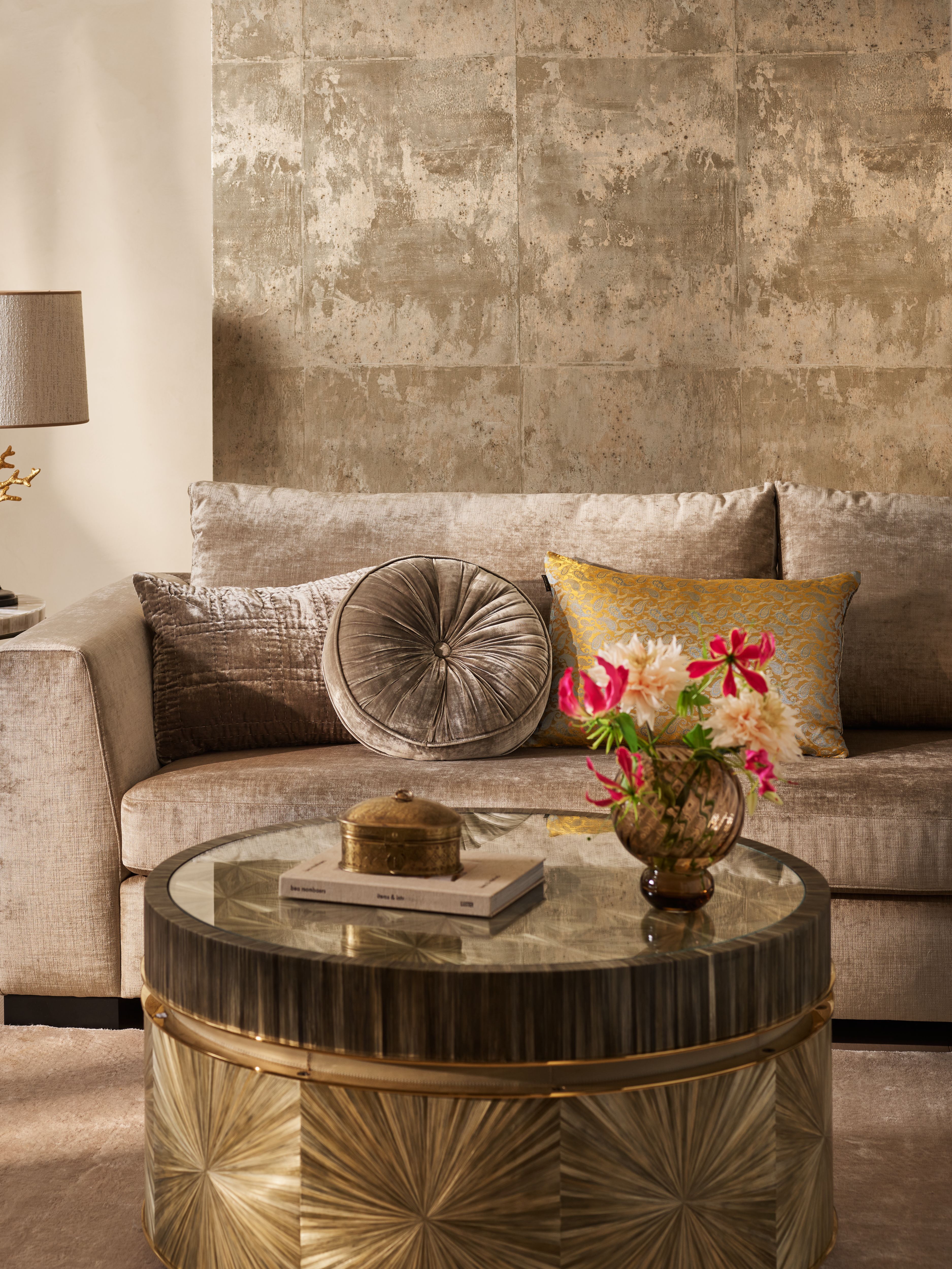 Saigon Silk Velvet Round Cushion Moss Green Lifestyle with Product