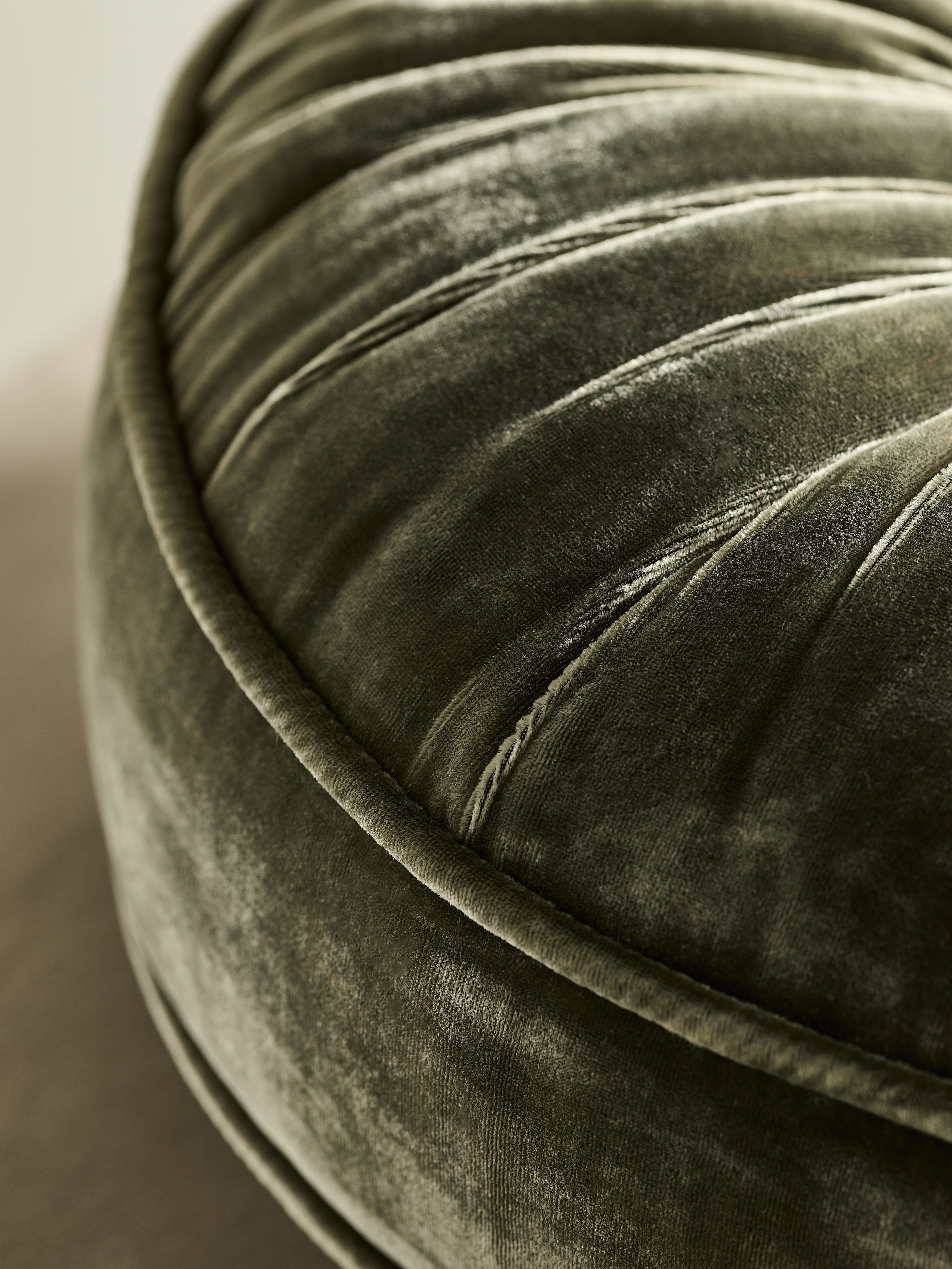 Saigon Silk Velvet Round Cushion Moss Green Lifestyle with Product Elements