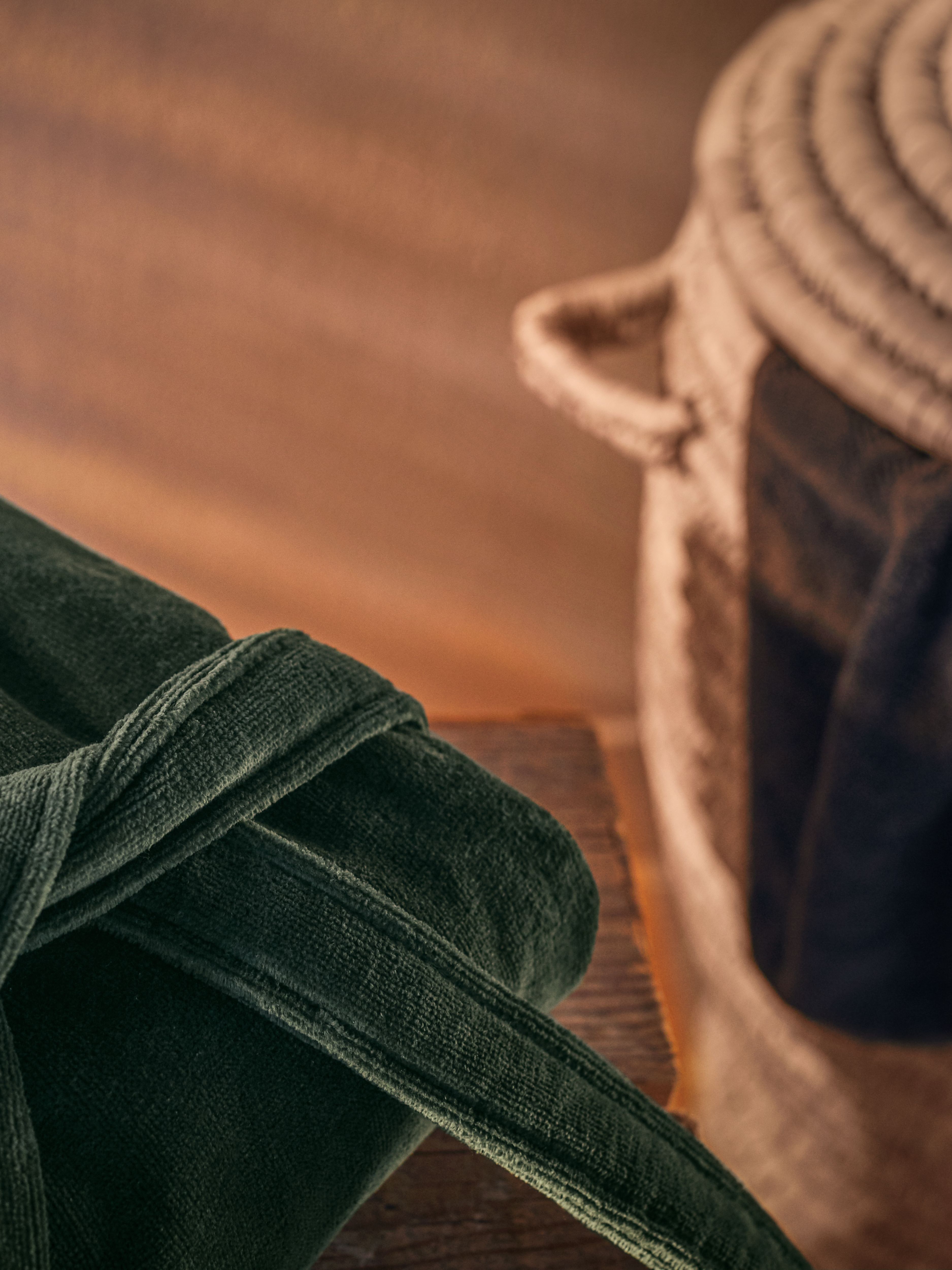 Super Smooth Cotton Bathrobe Men L Moss Green Lifestyle with Product Elements