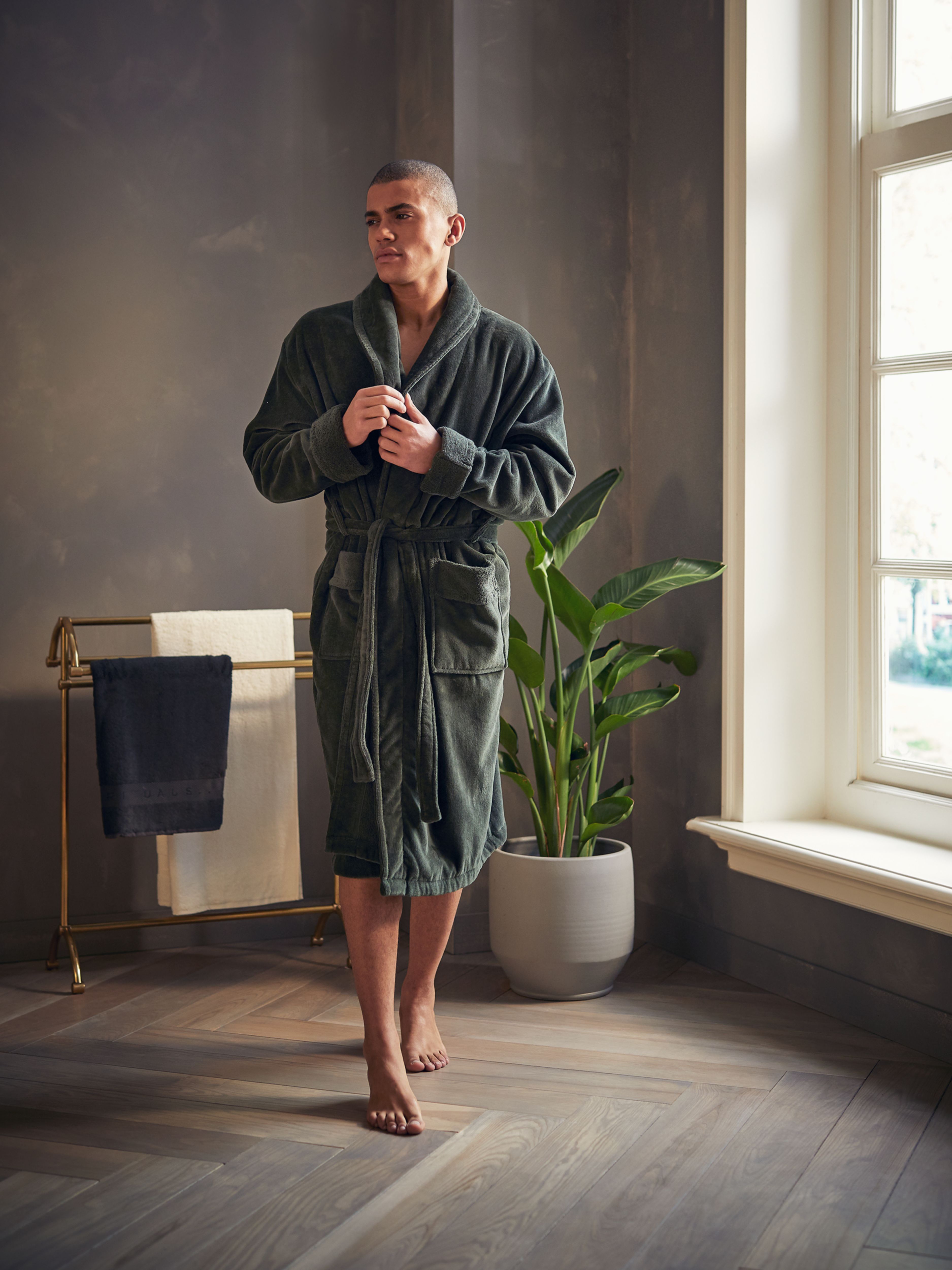 Super Smooth Cotton Bathrobe Men S Moss Green Lifestyle with Model and Packshot