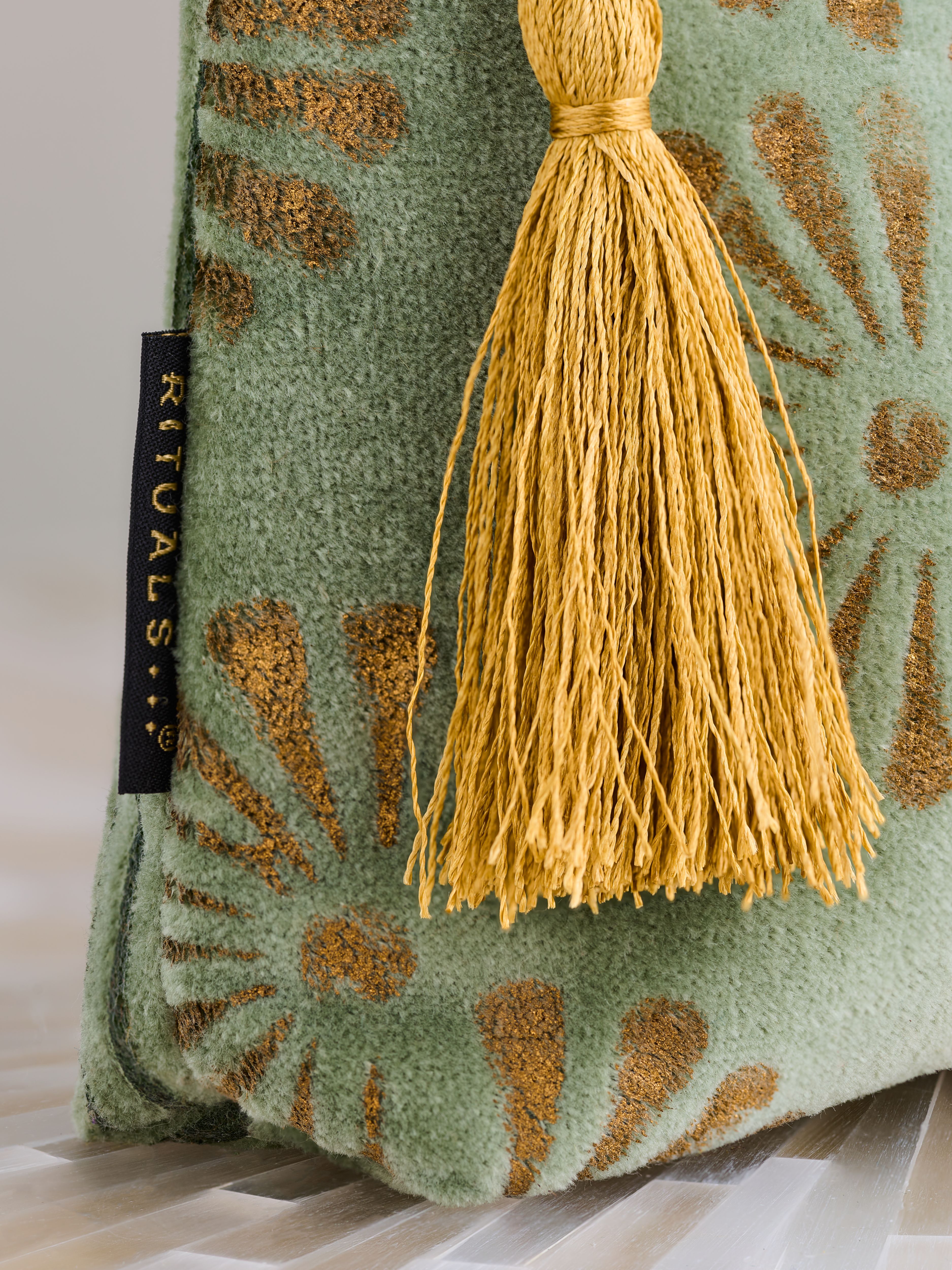 Vellore Small Cotton Velvet Pouch Sage Green Lifestyle with Product Elements