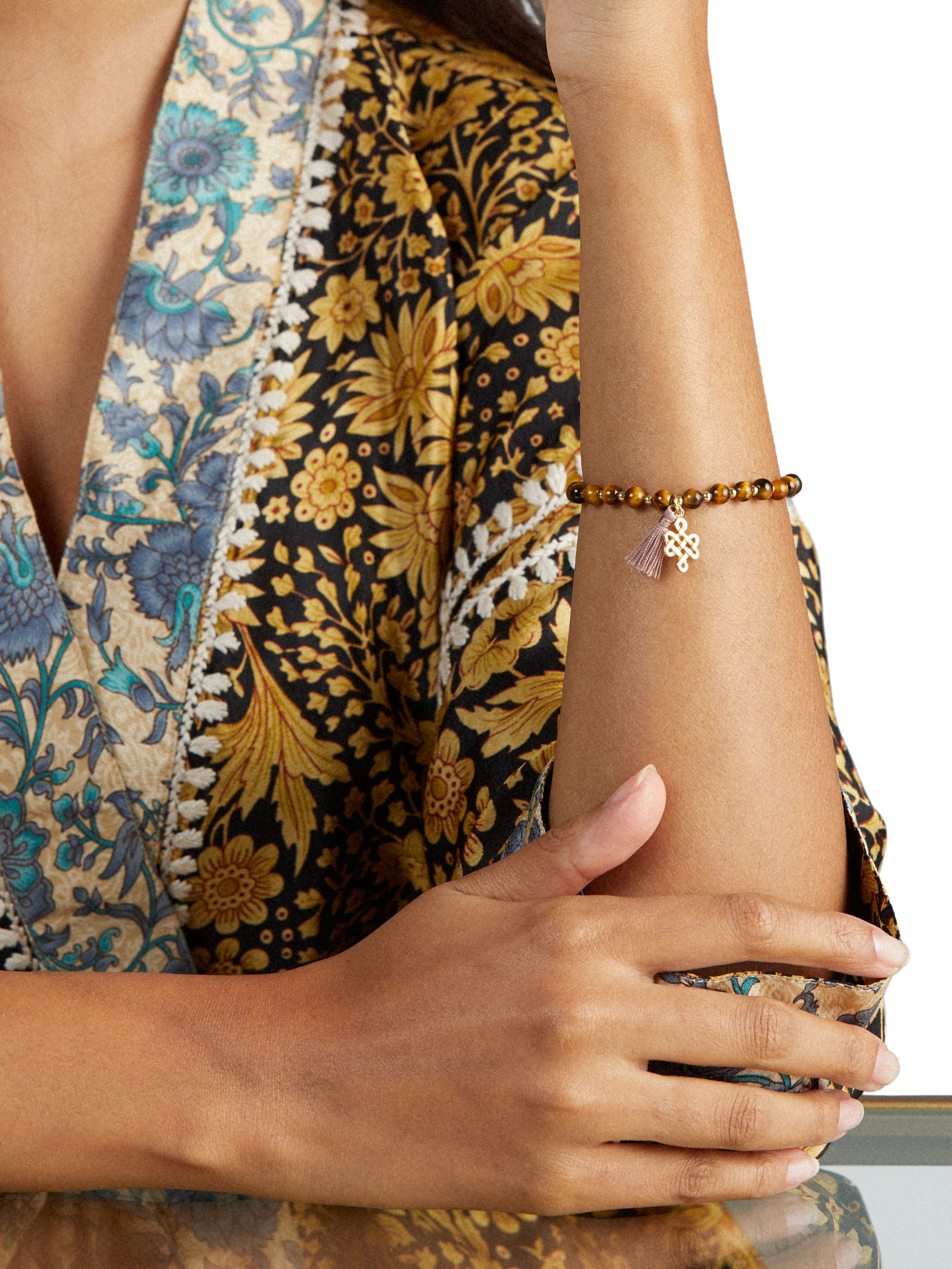 Tiger Eye Infinity Bead Bracelet Gold Plated Studio with Model and Product