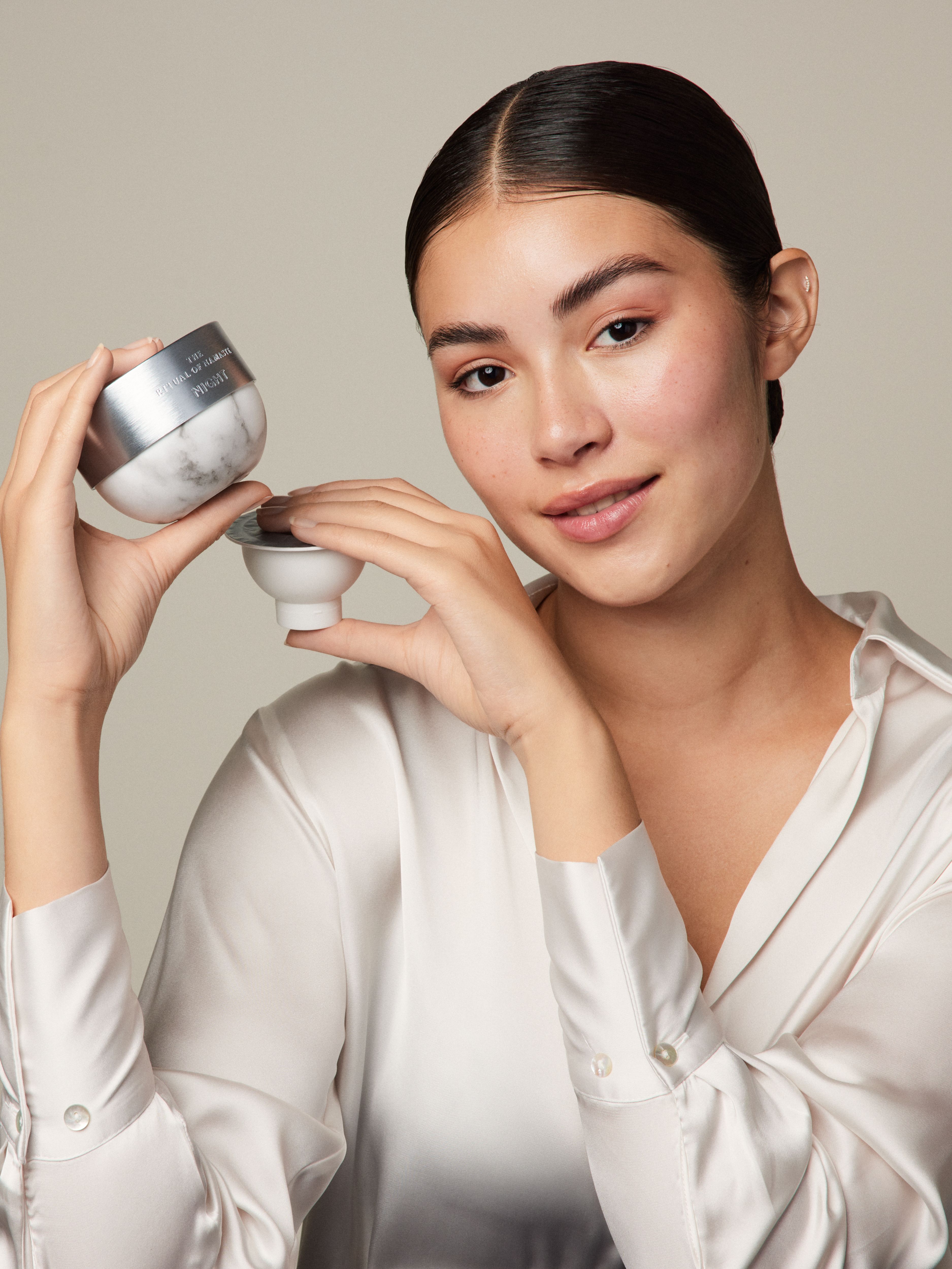 The Ritual of Namaste Hydrating Overnight Cream Refill Studio with Model and Product