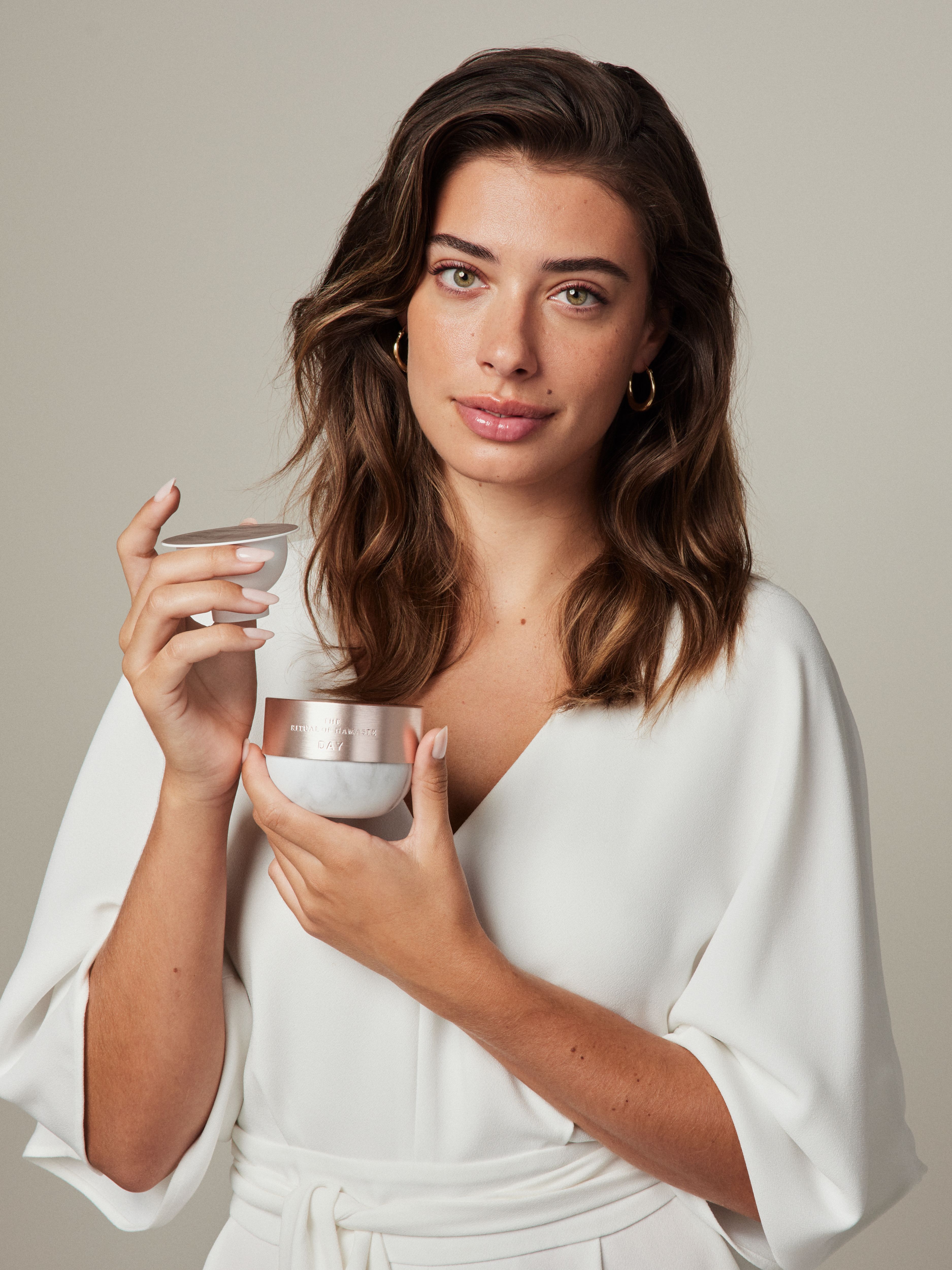 The Ritual of Namaste Glow Anti-Ageing Day Cream Refill Studio with Model and Product