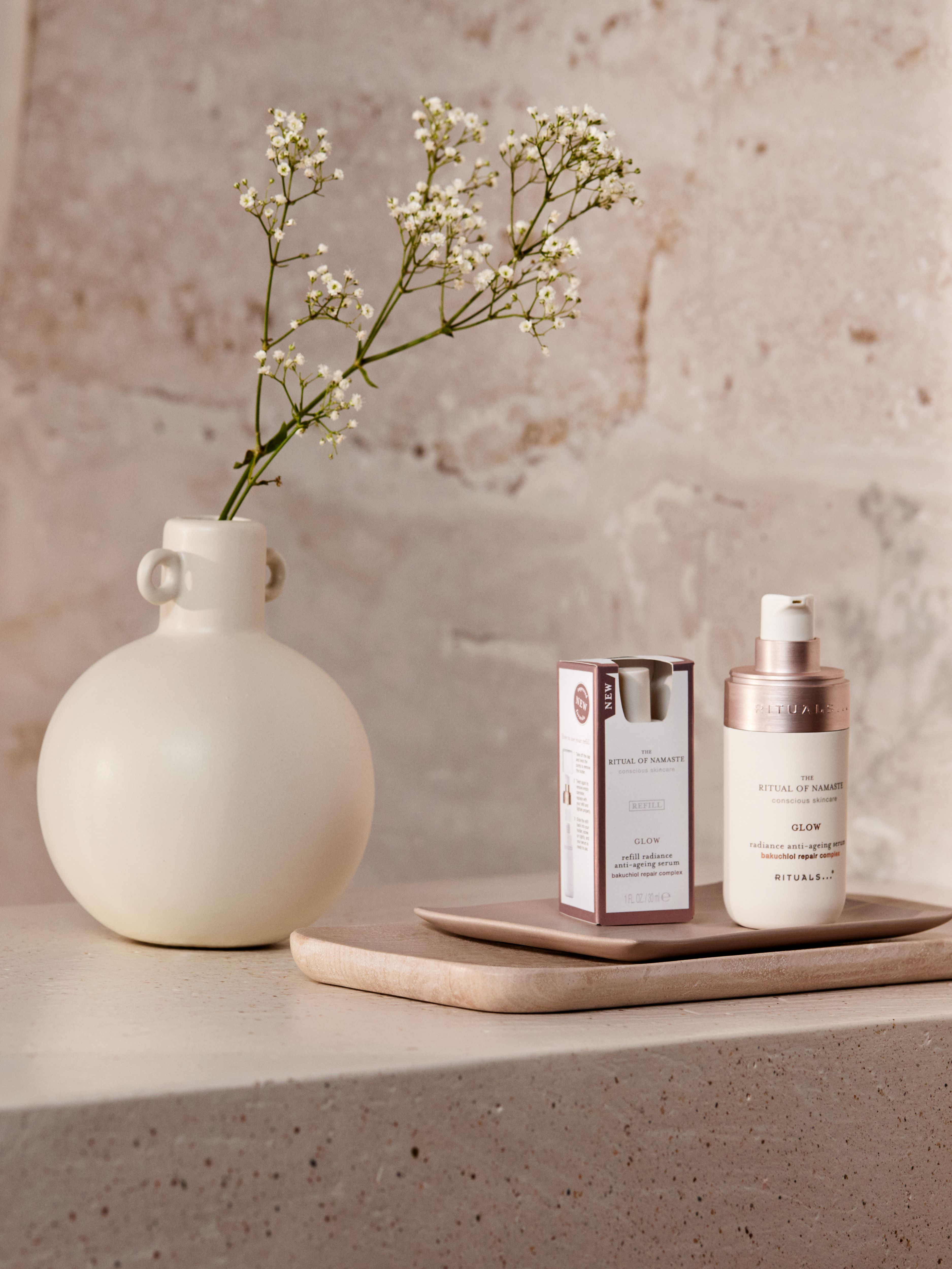 The Ritual of Namaste Glow Anti-Ageing Serum Refill Lifestyle with Product