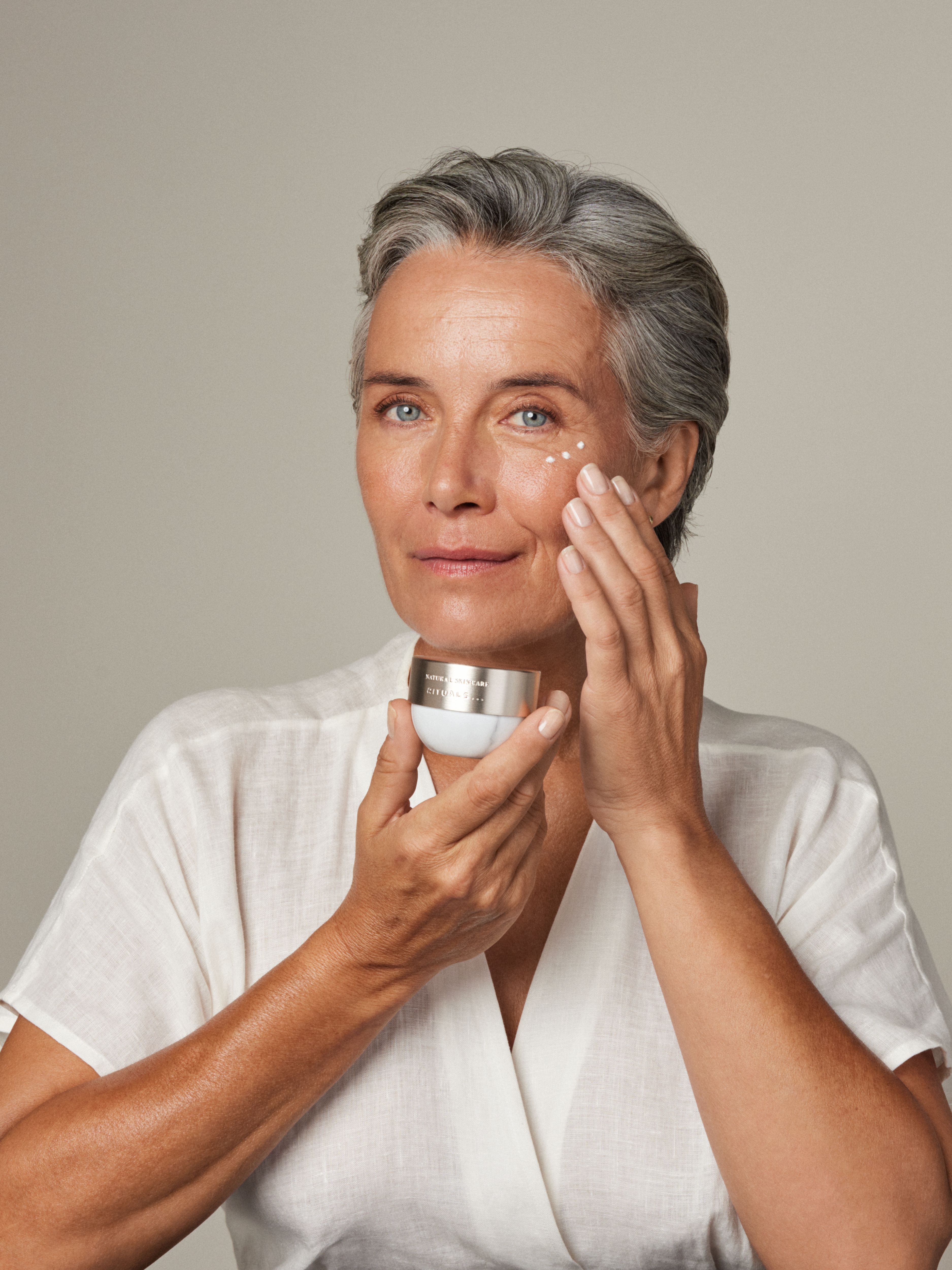 The Ritual of Namaste Ageless Firming Eye cream Studio with Model and Product