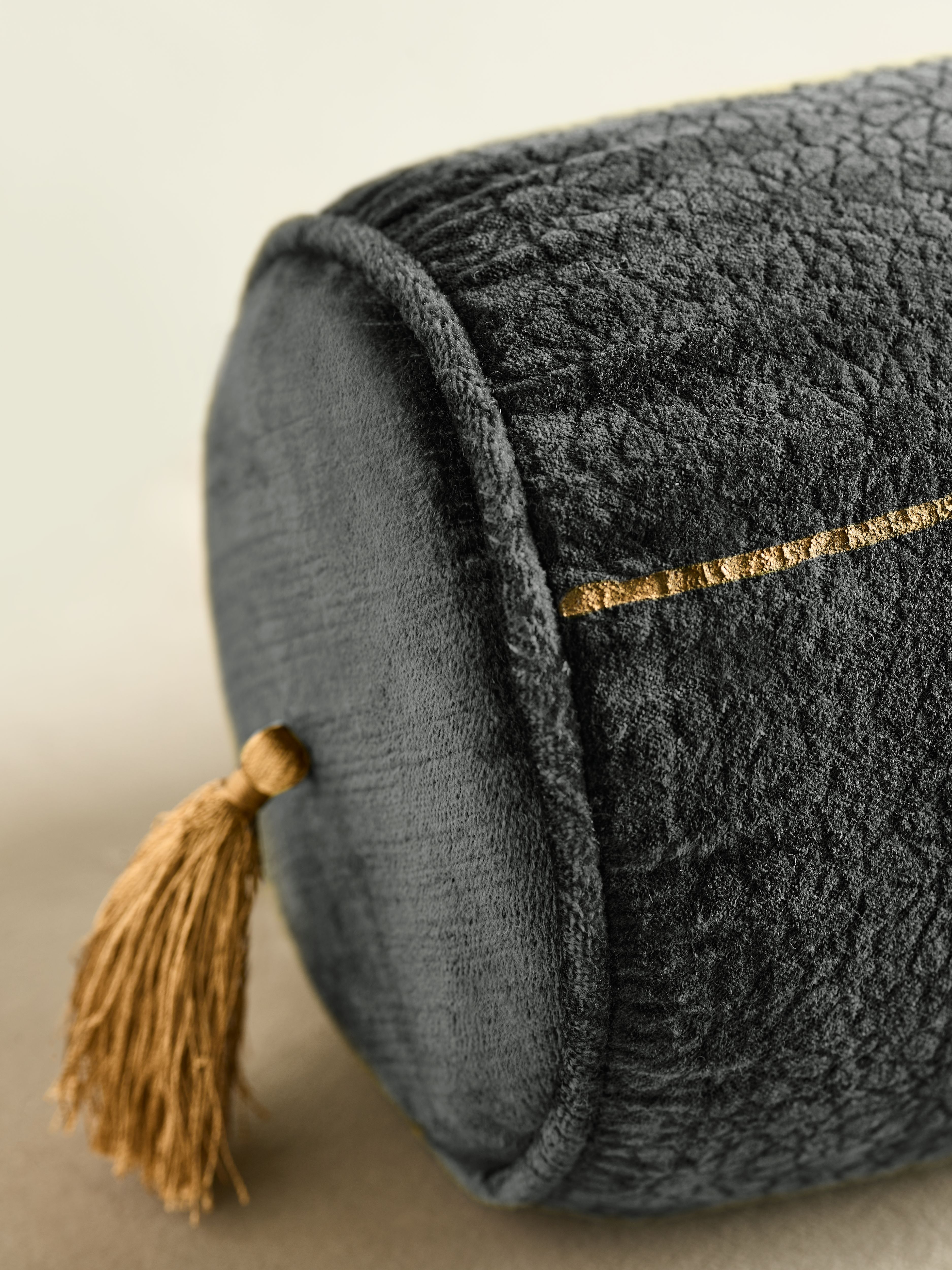 Vellore Cotton Velvet Bolster Cushion Grey Blue Lifestyle with Product Elements