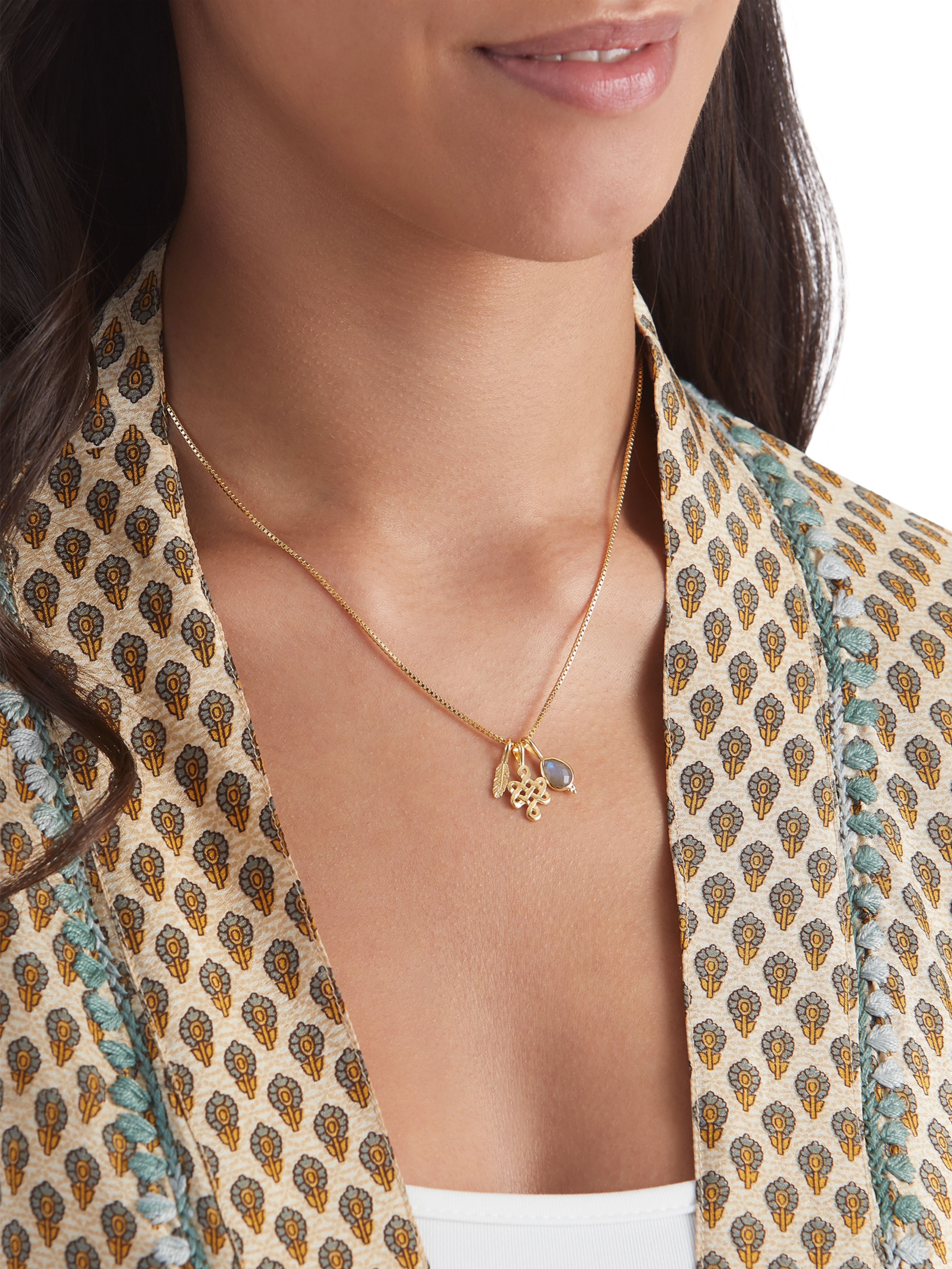 Labradorite Pendant Necklace Gold Plated Studio with Model and Product