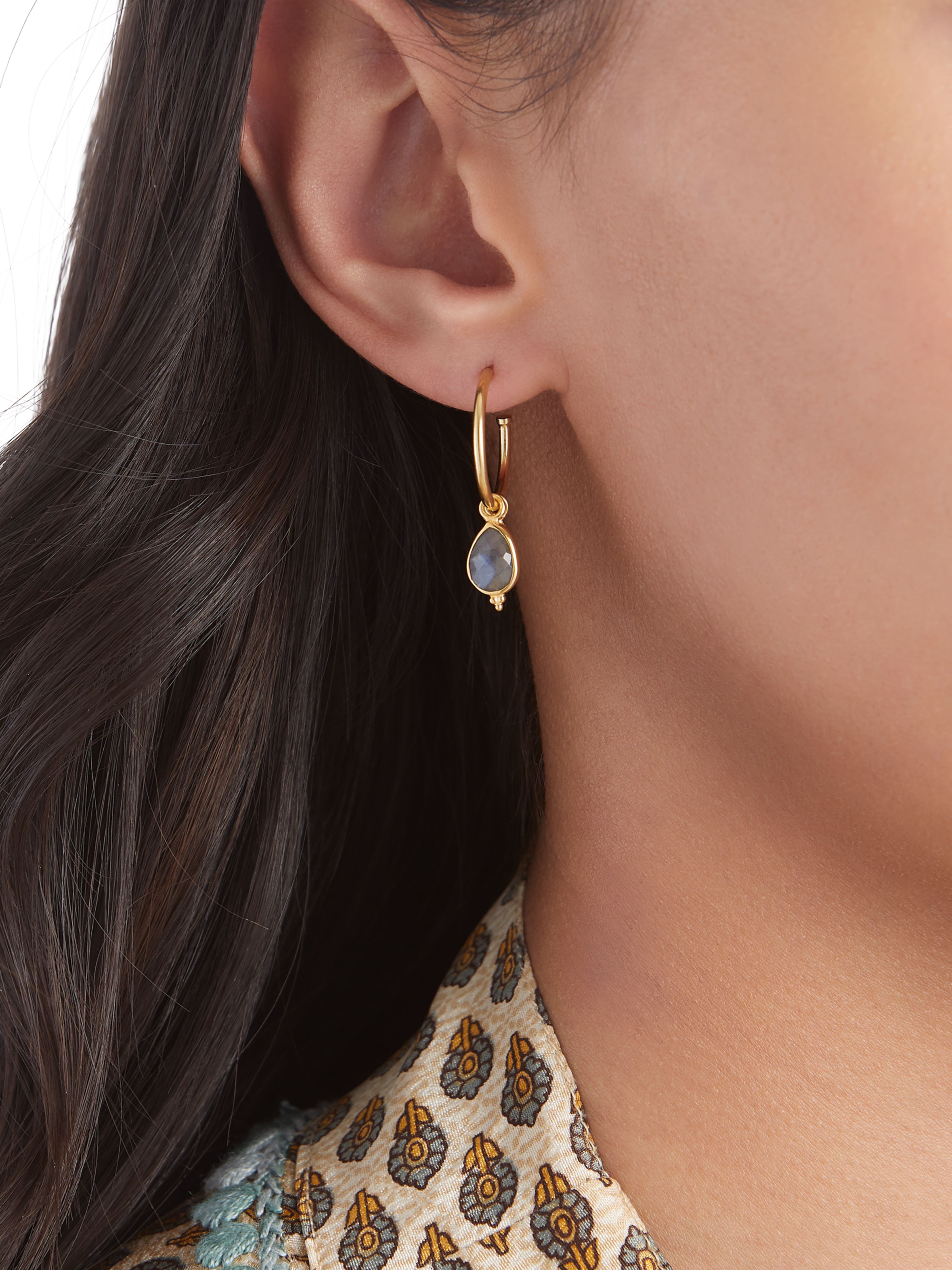Labradorite Pendant Hoops Gold Plated Studio with Model and Product