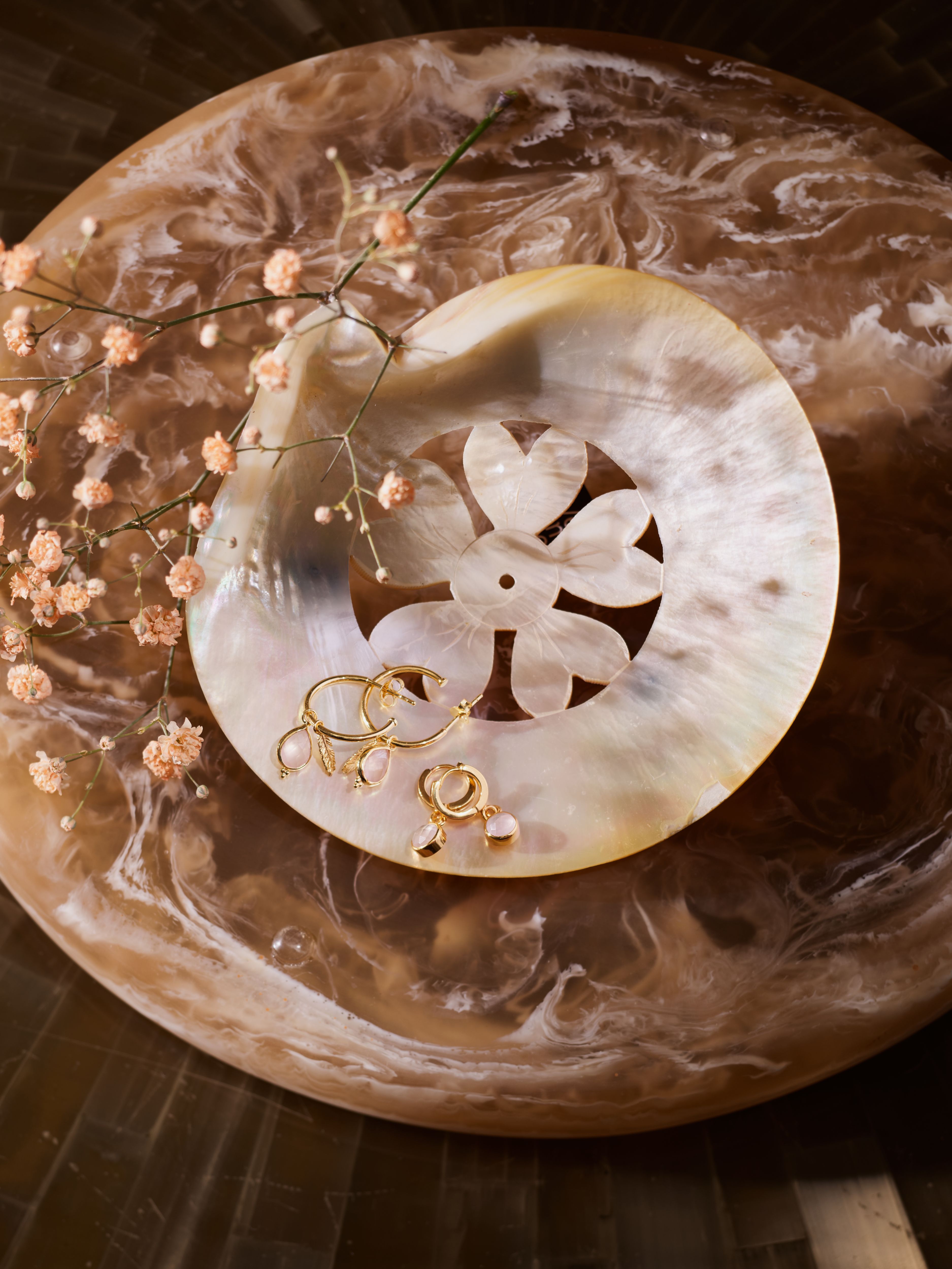 Rose Quartz Hoops Round Cut Gold Plated Lifestyle with Product