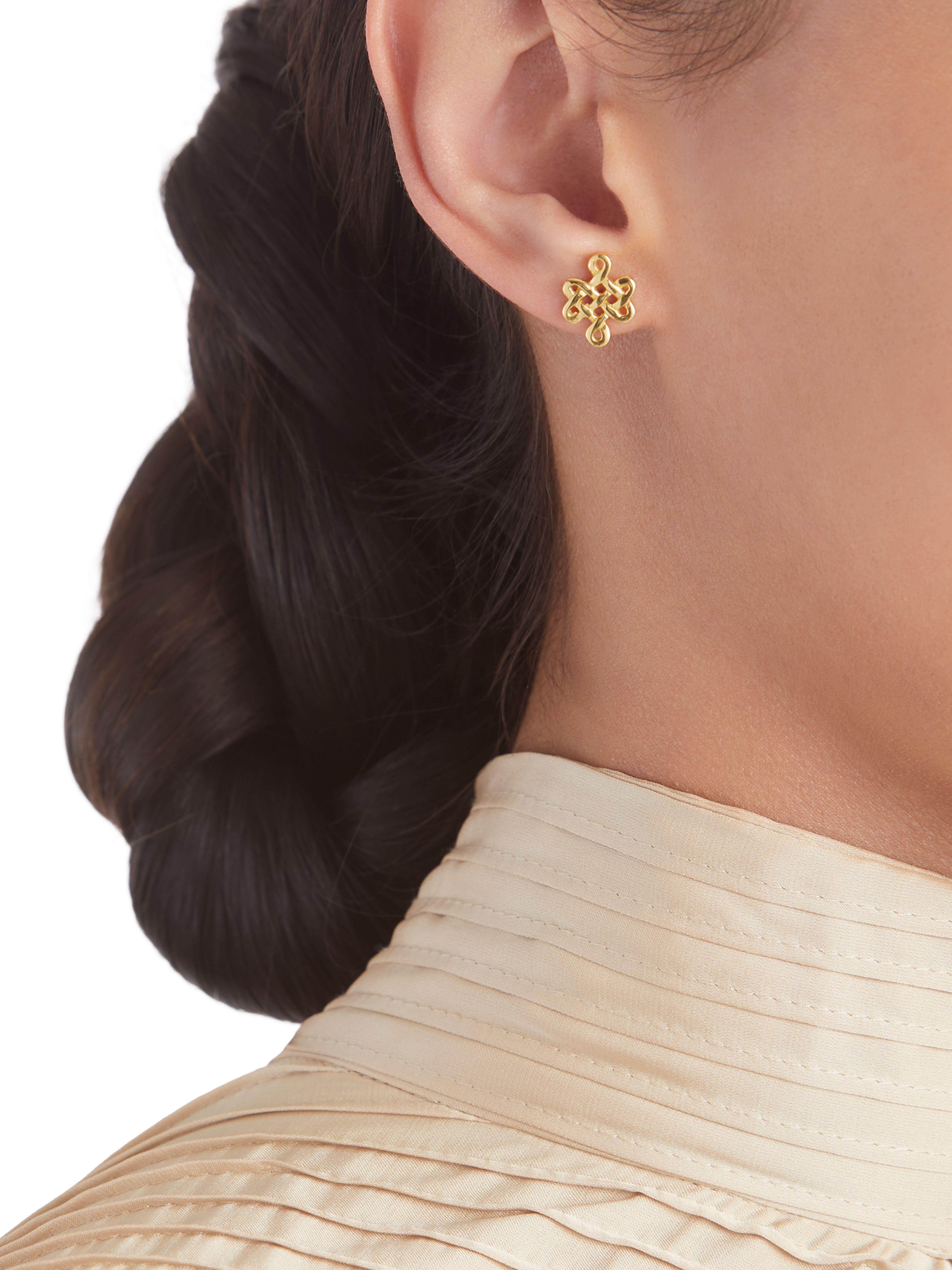 Infinity Stud Earrings Gold Plated Studio with Model and Product