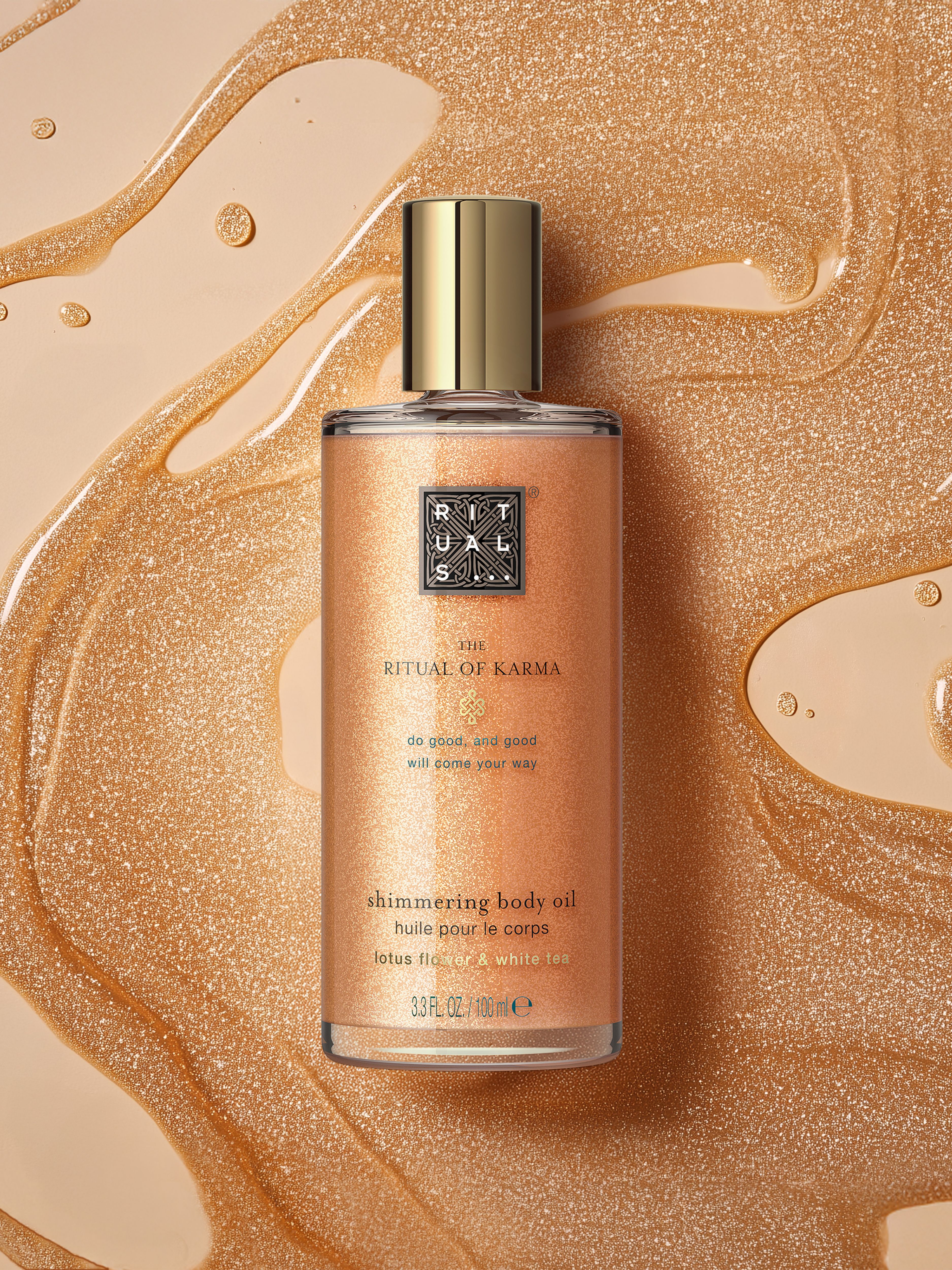 The Ritual of Karma Shimmering Body Oil 100ml Lifestyle with Product