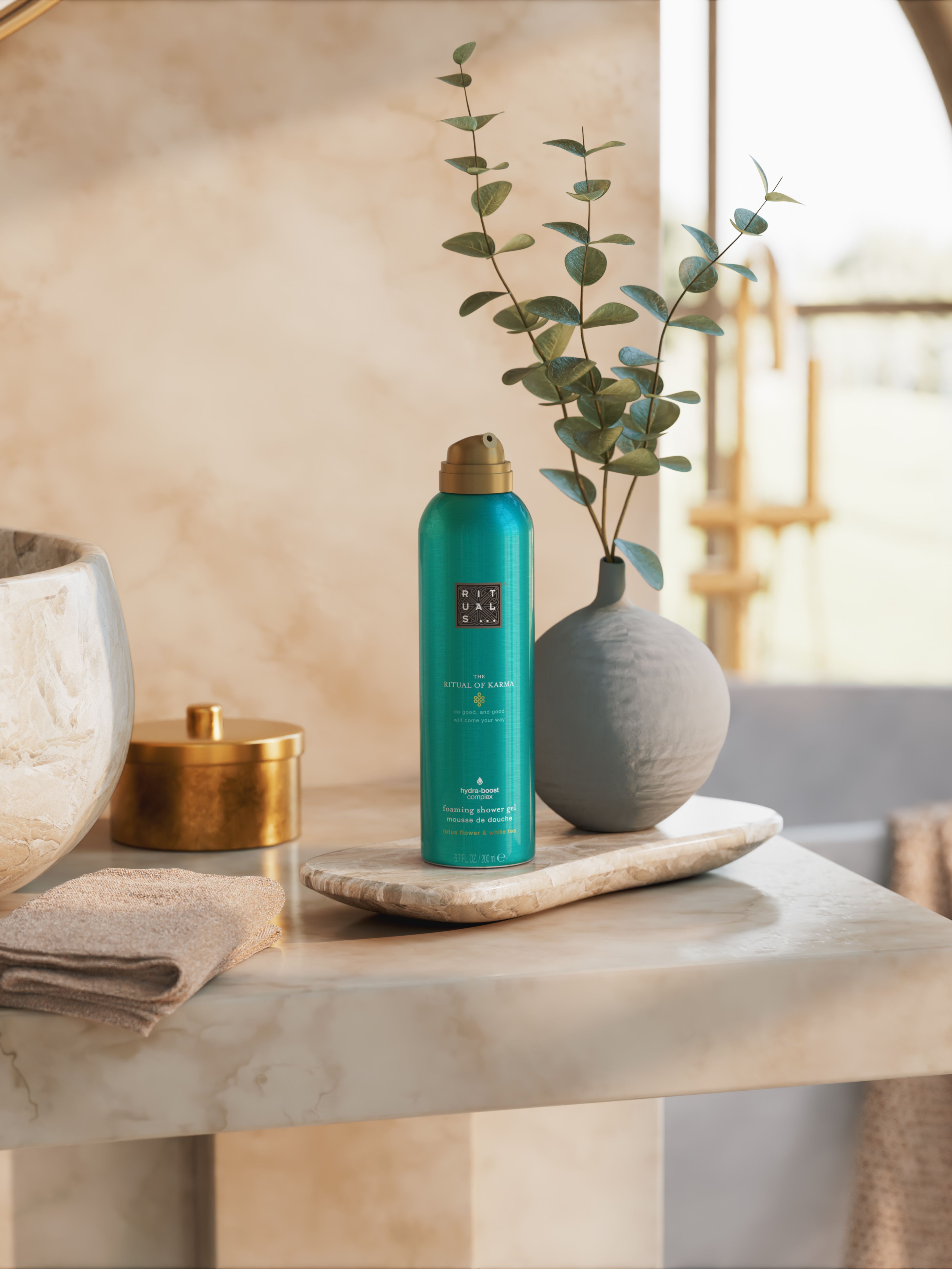 The Ritual of Karma Foaming Shower Gel Lifestyle with Product