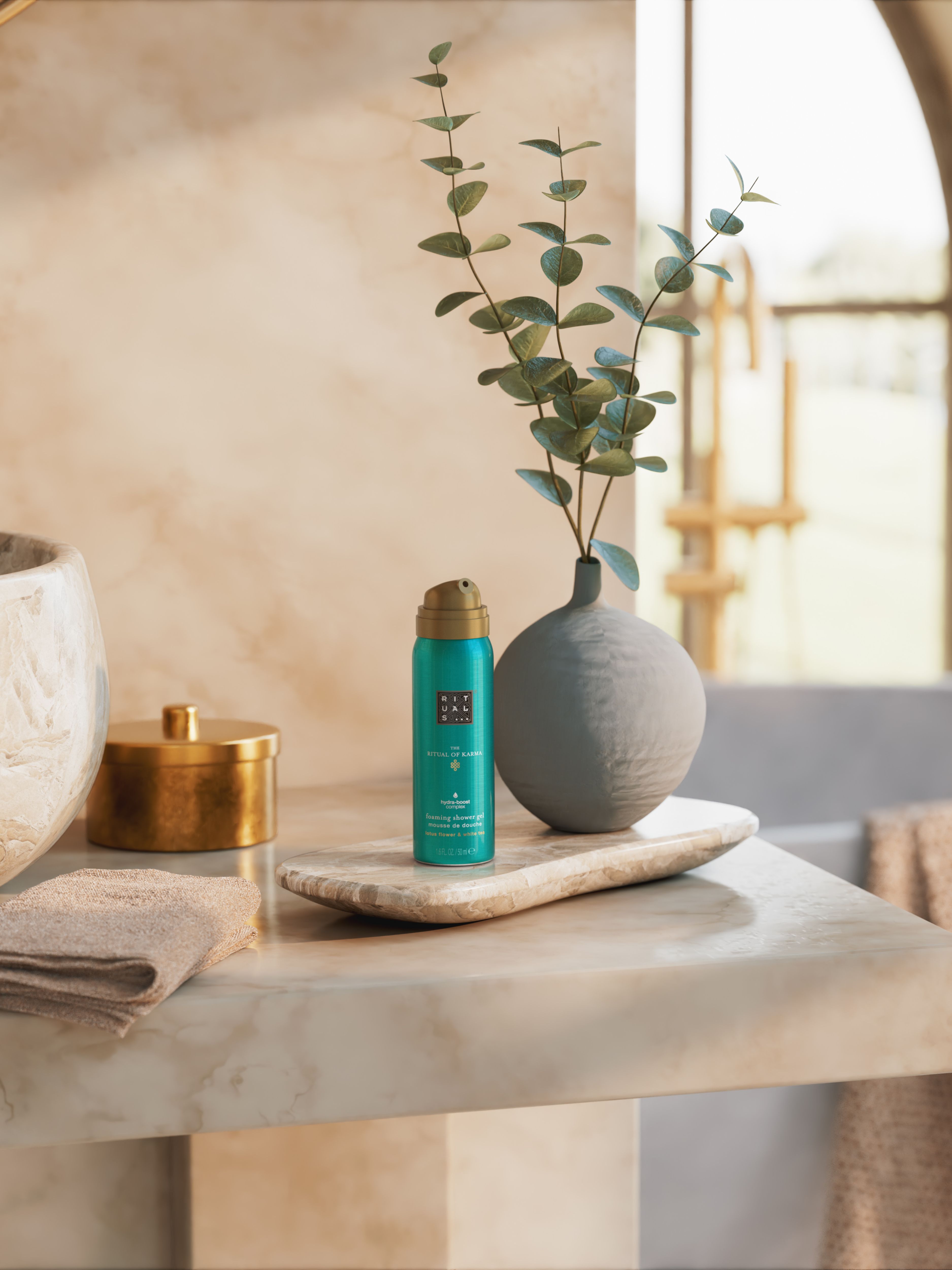 The Ritual of Karma Foaming Shower Gel 50ml Lifestyle with Product