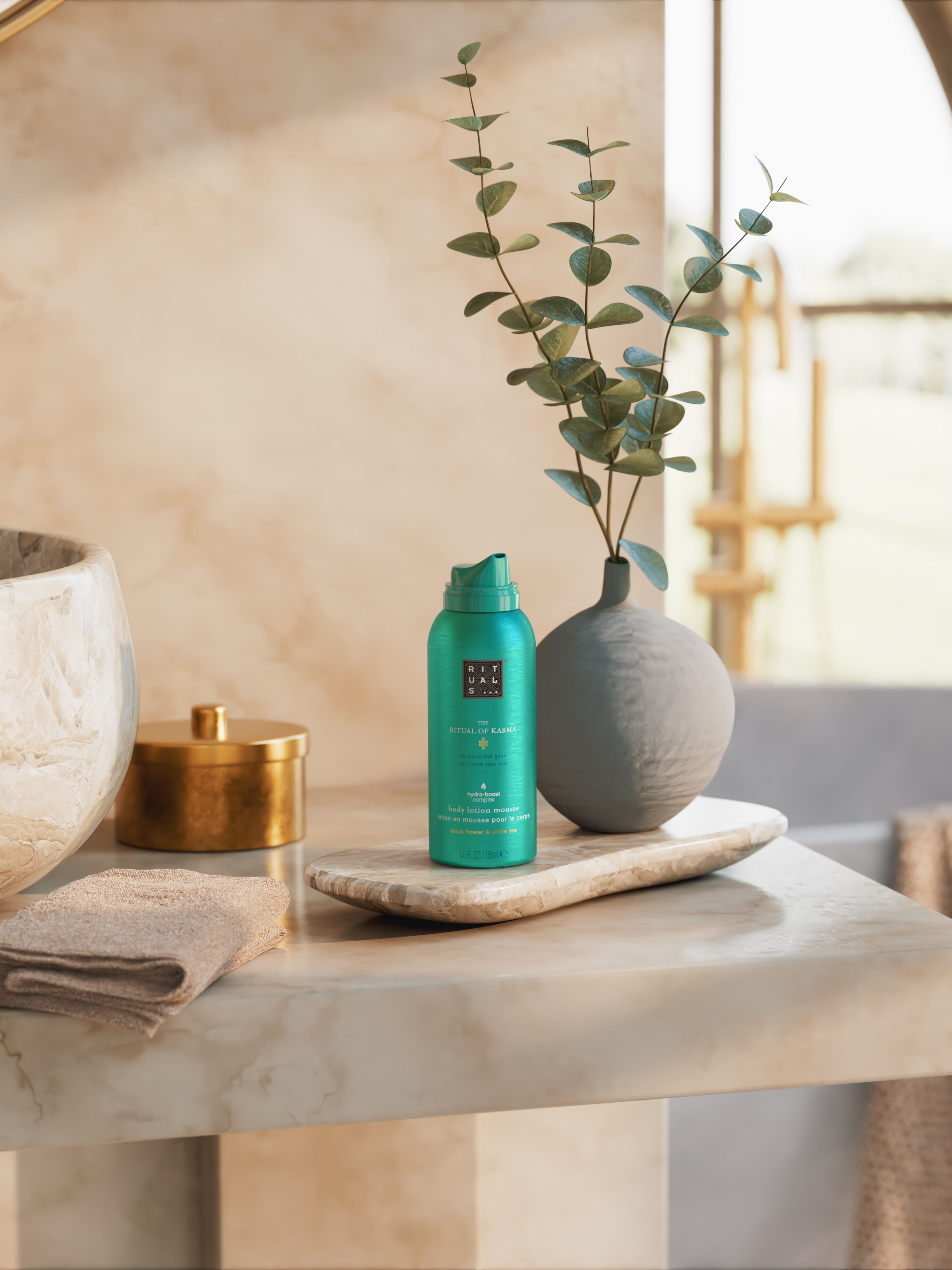 The Ritual of Karma Body Lotion Mousse Lifestyle with Product