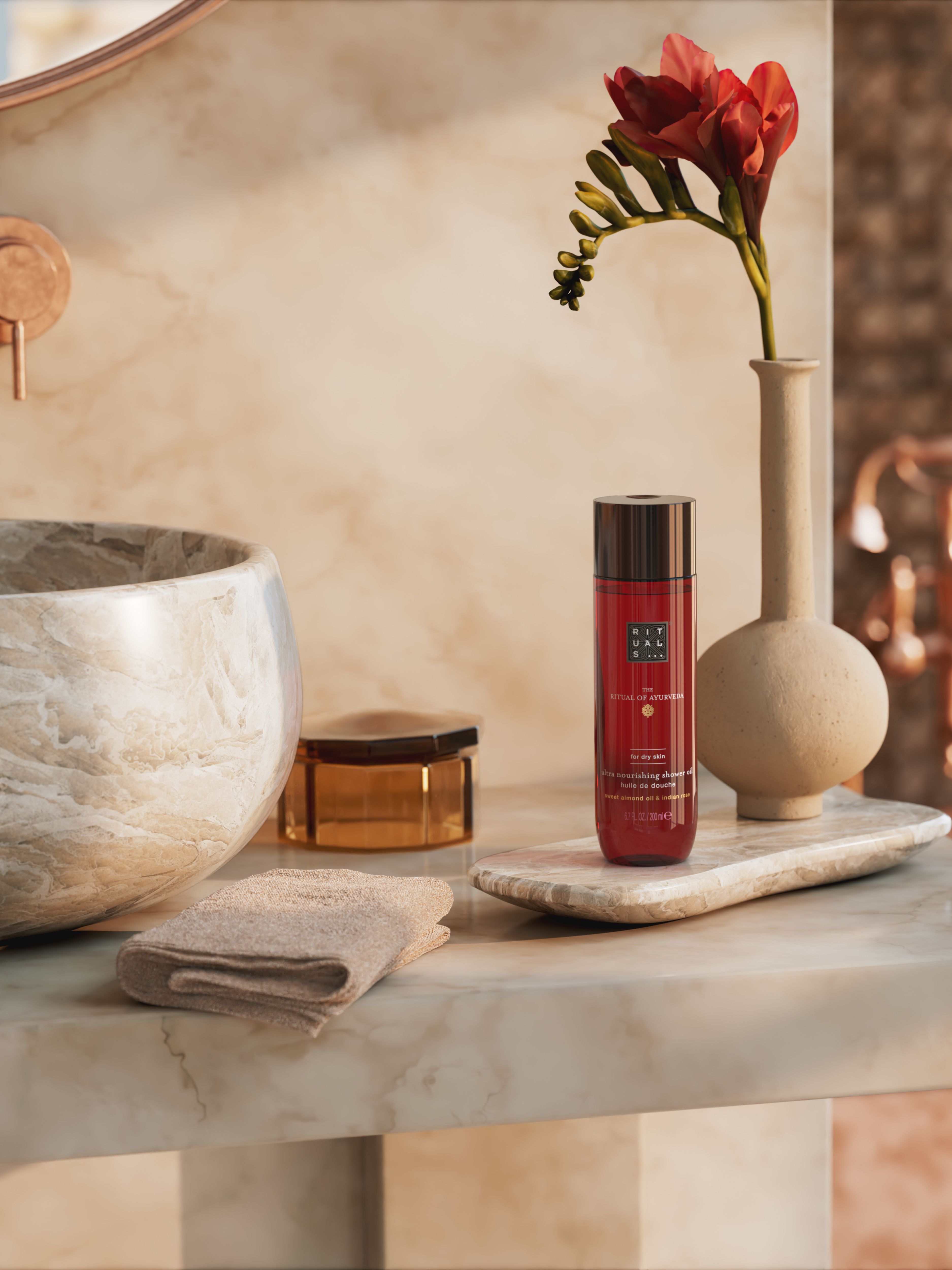 The Ritual of Ayurveda Shower Oil 200ml Lifestyle with Product