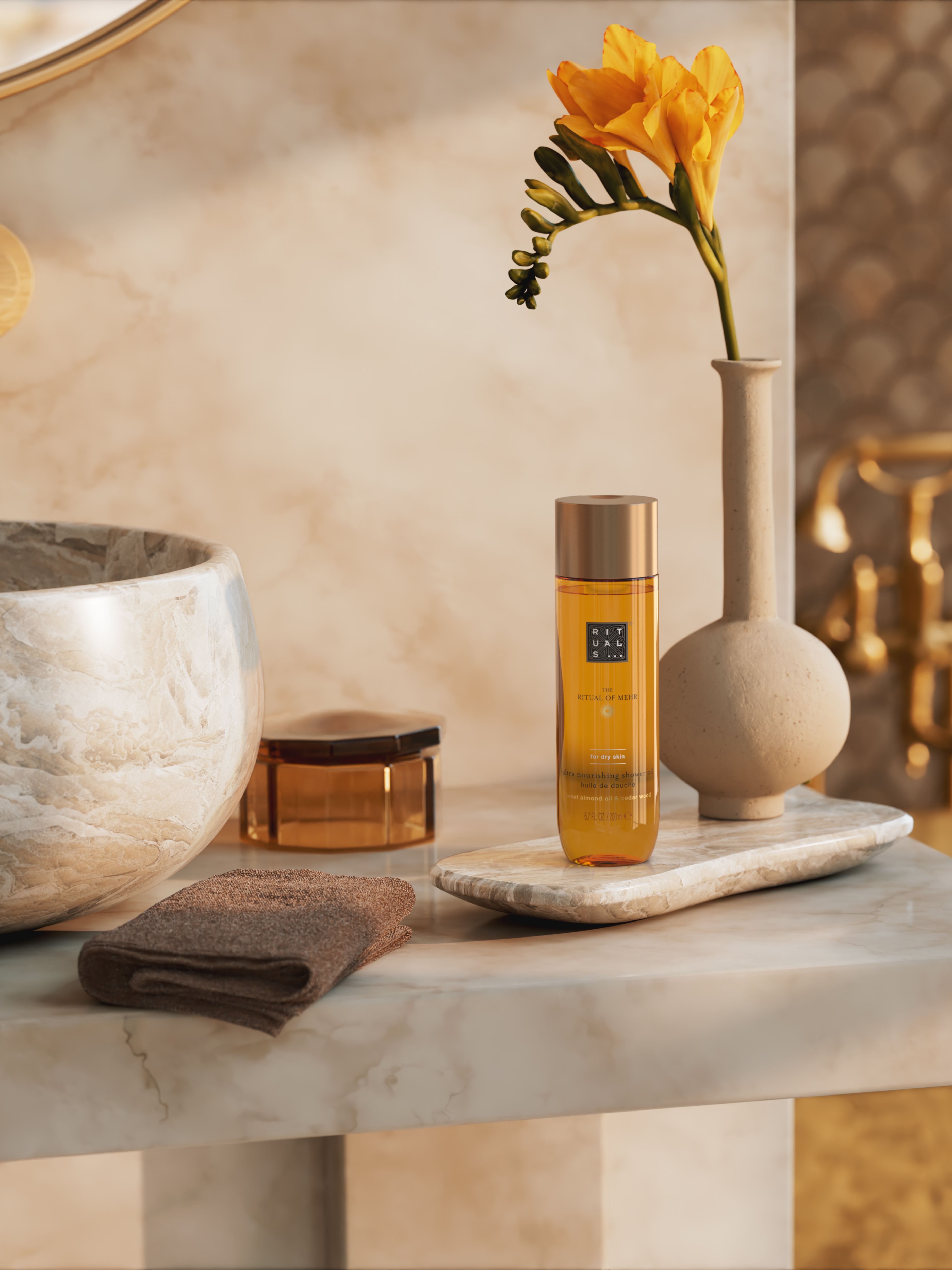 The Ritual of Mehr Shower Oil Lifestyle with Product