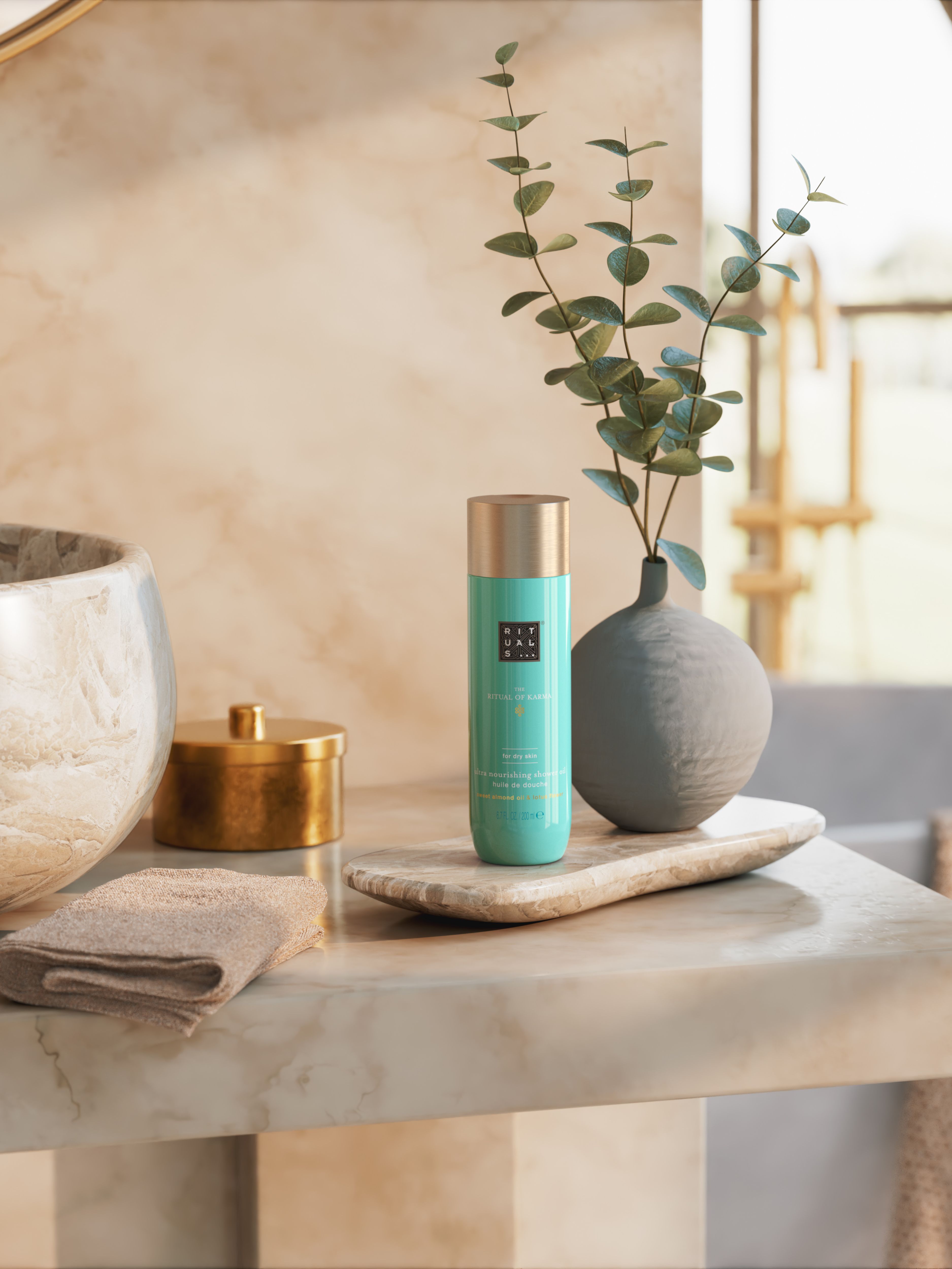 The Ritual of Karma Shower Oil 200ml Lifestyle with Product