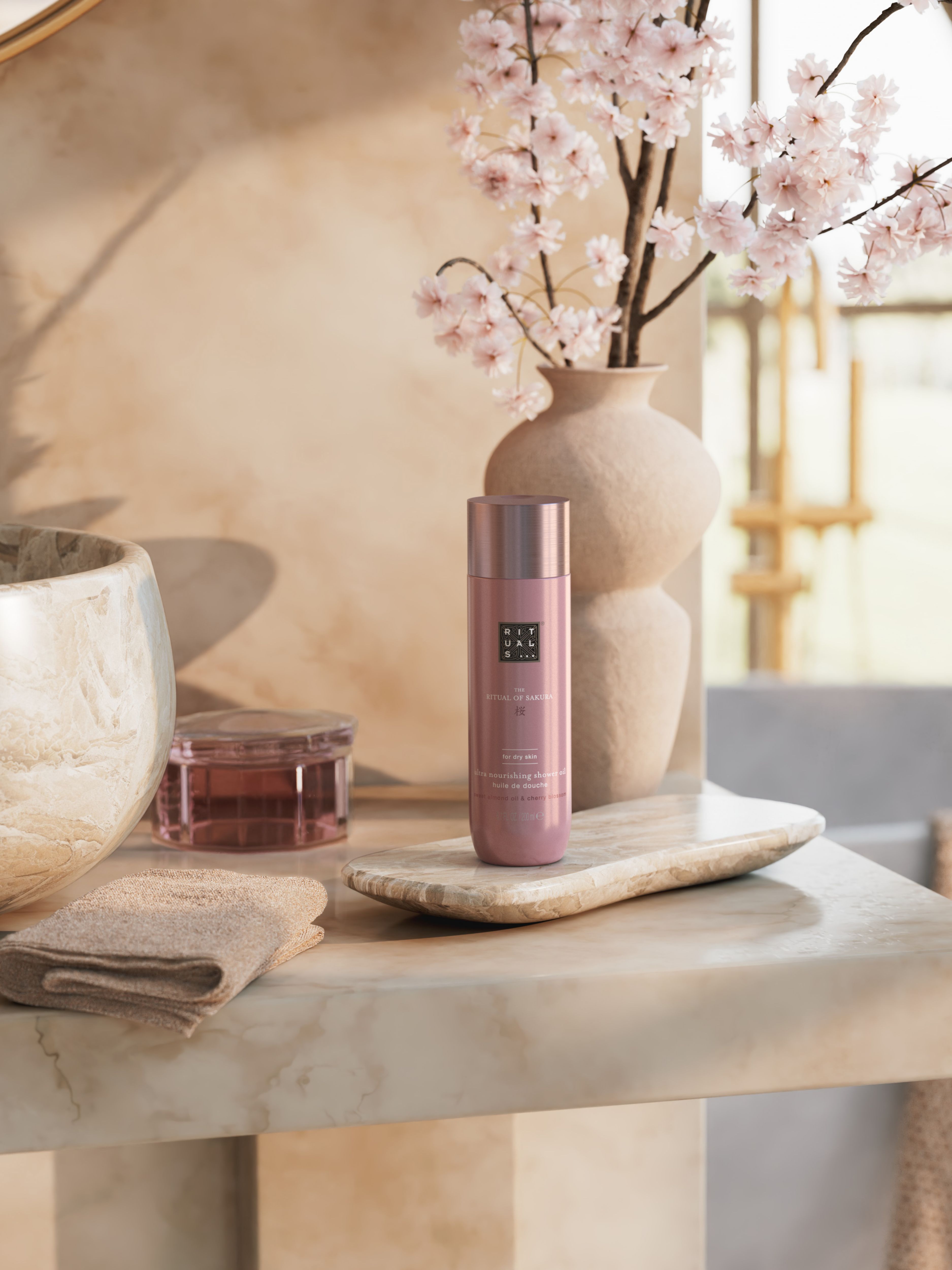 The Ritual of Sakura Shower Oil 200 ml Lifestyle with Product