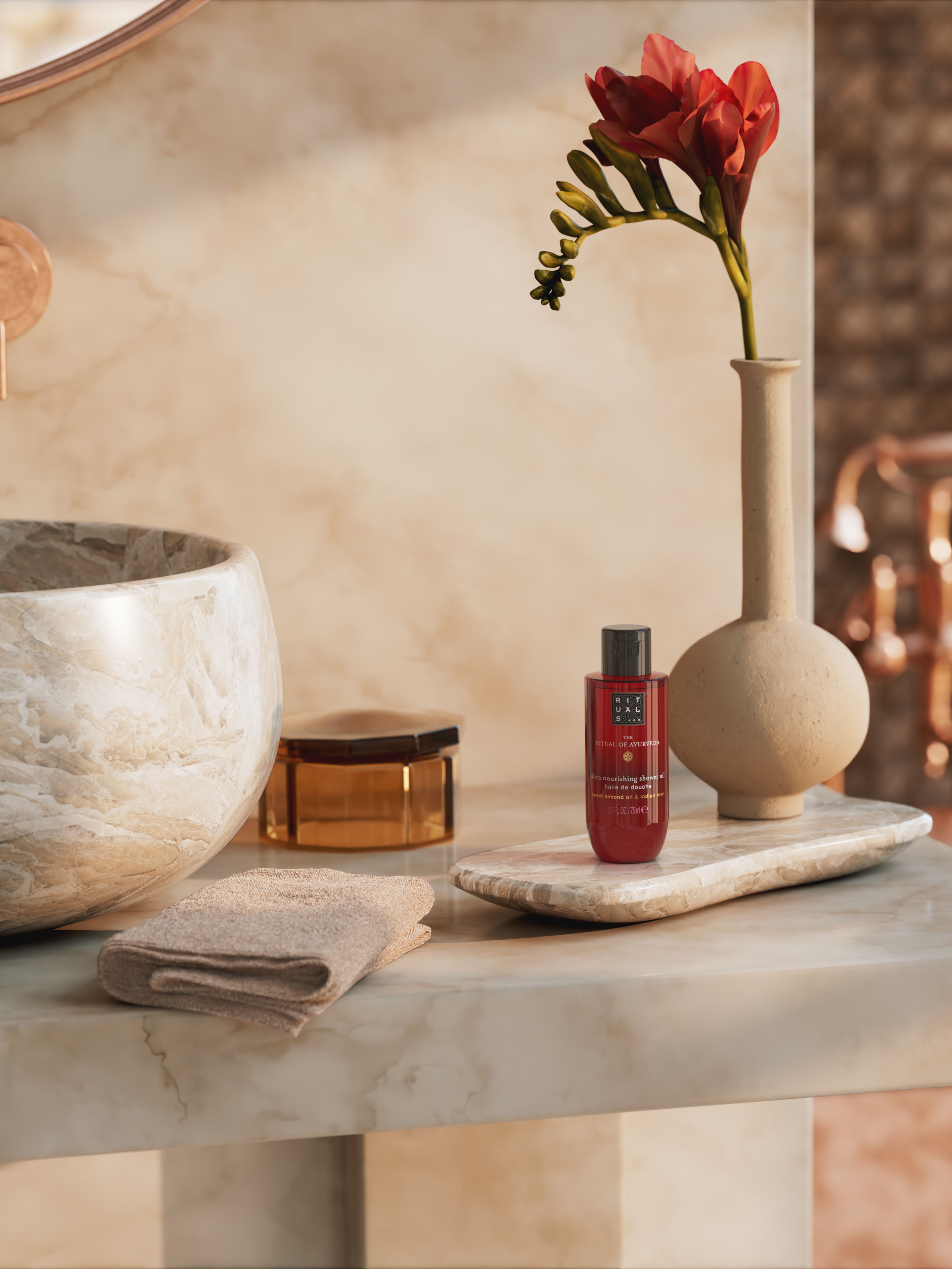 The Ritual of Ayurveda Shower Oil 75ml Lifestyle with Product