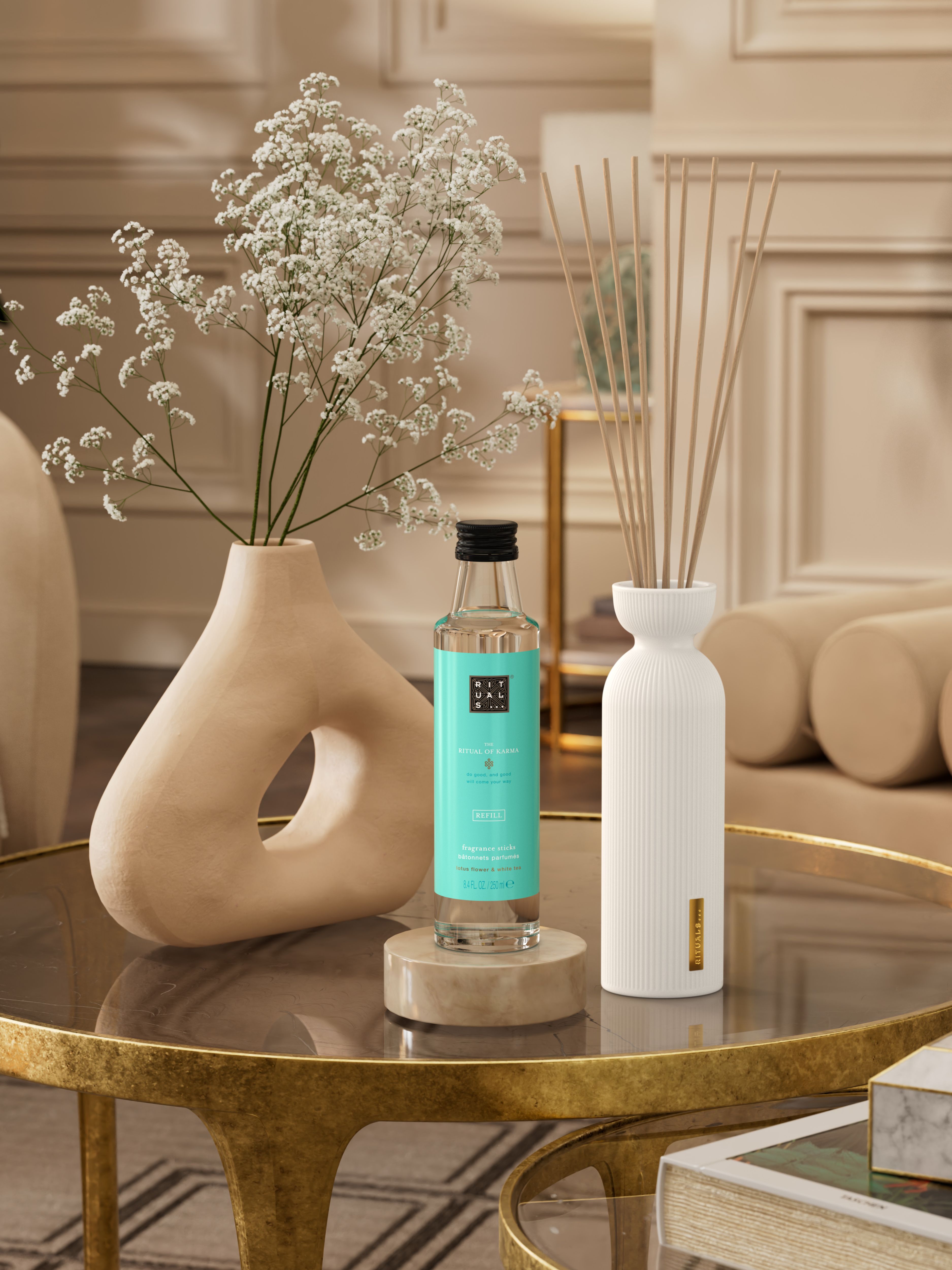 The Ritual of Karma Refill Fragrance Sticks Lifestyle with Product