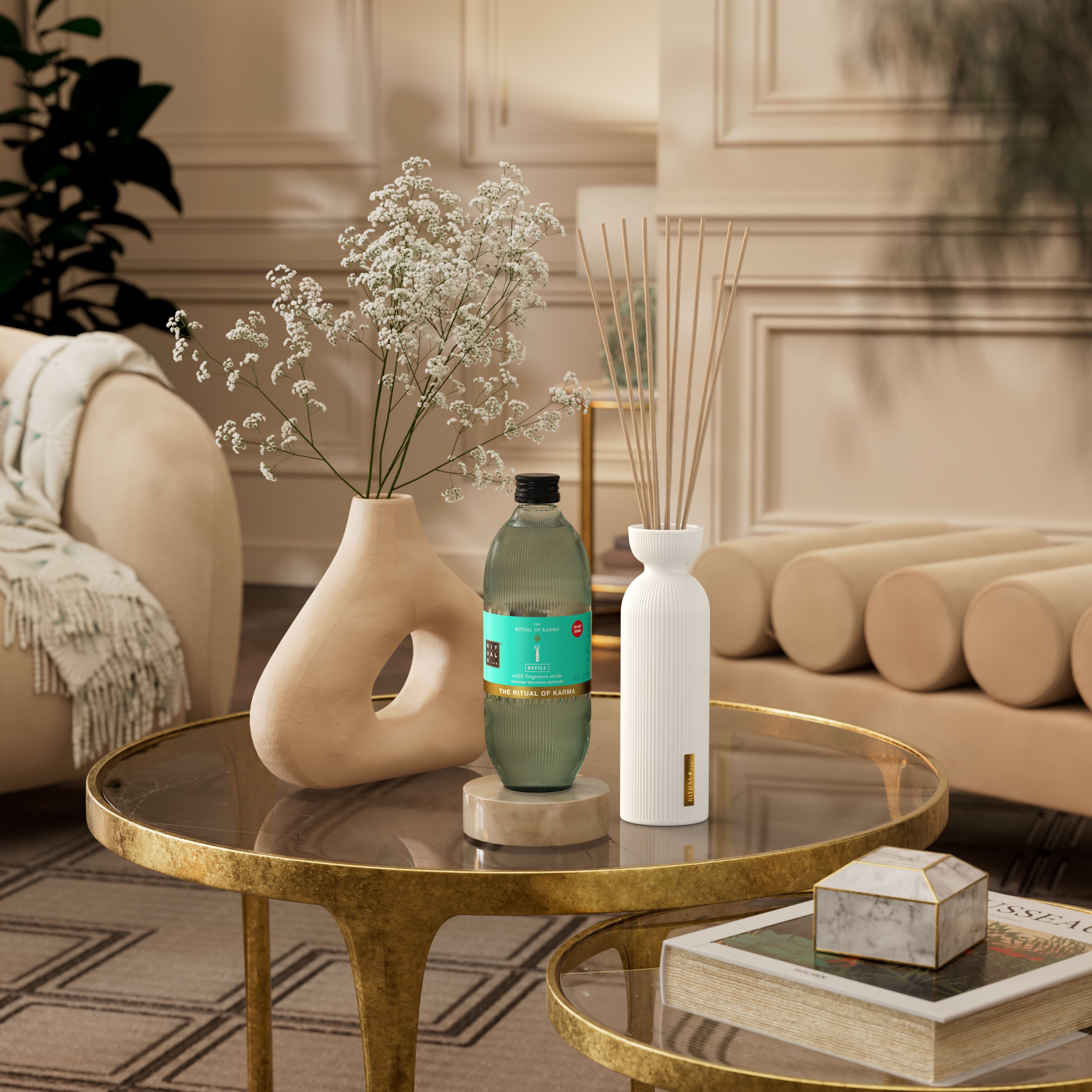The Ritual of Karma Refill Fragrance Sticks 500ml Lifestyle with Product