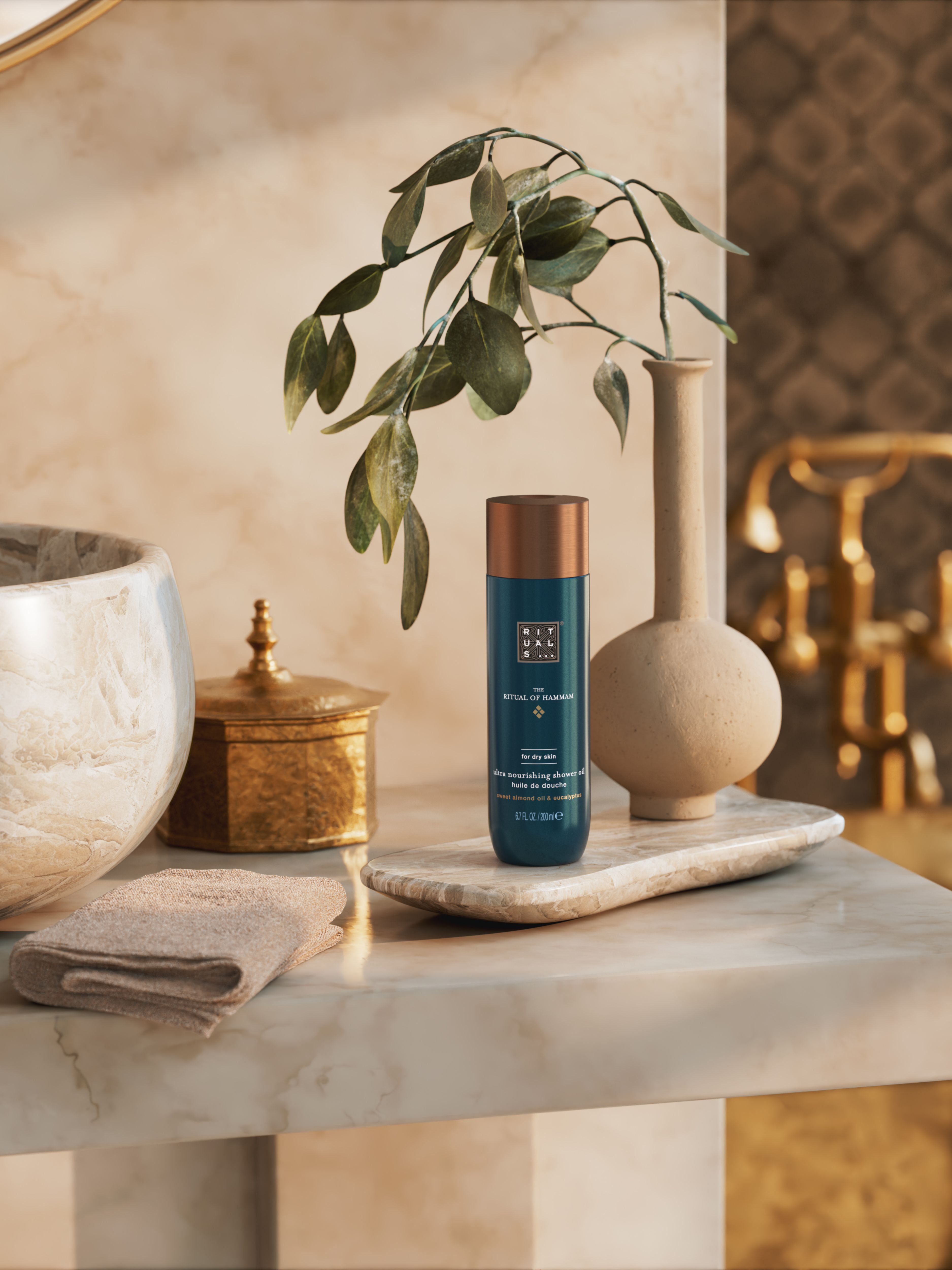 The Ritual of Hammam Shower Oil 200ml Lifestyle with Product