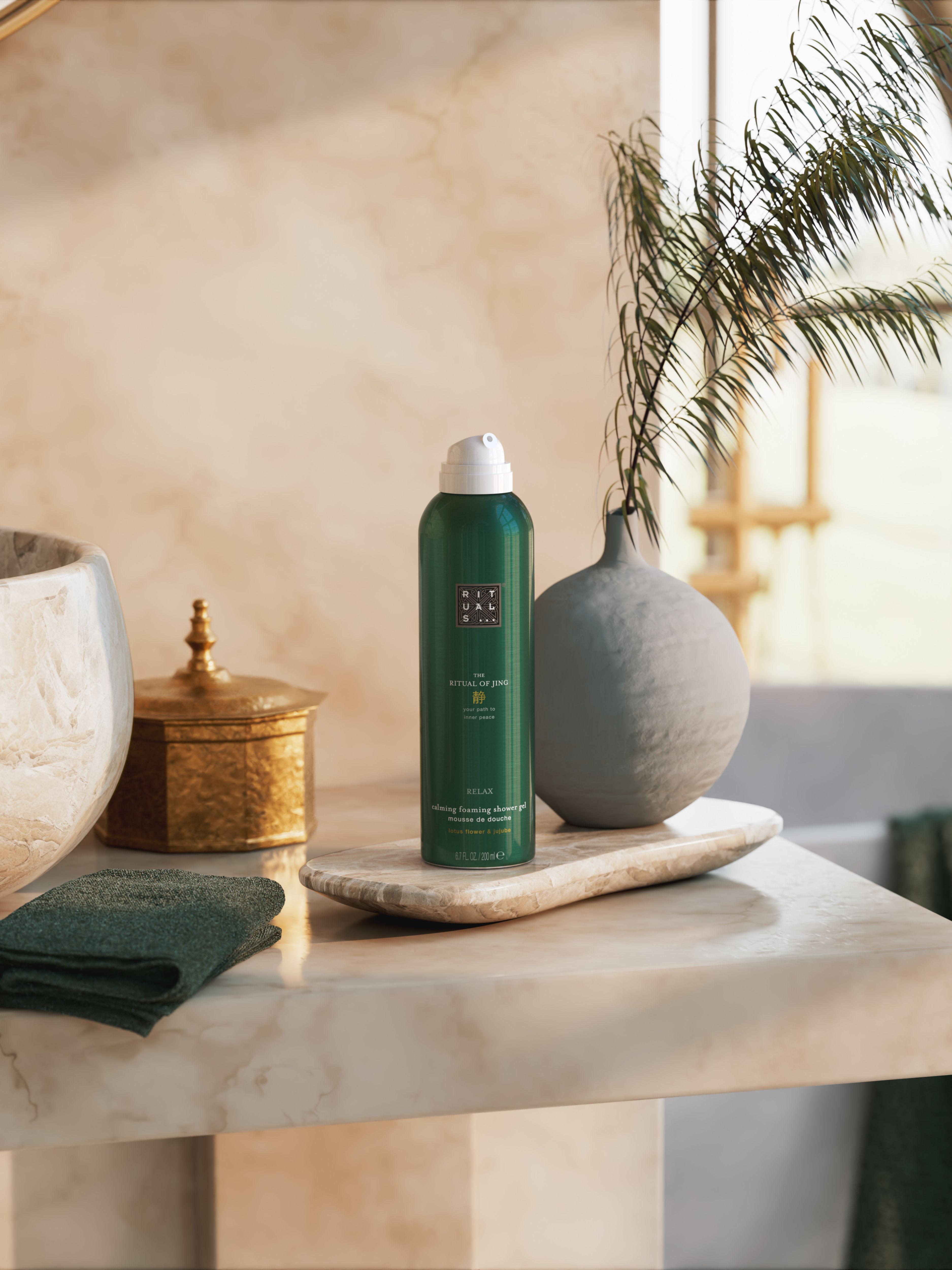 The Ritual of Jing Foaming Shower Gel Lifestyle with Product