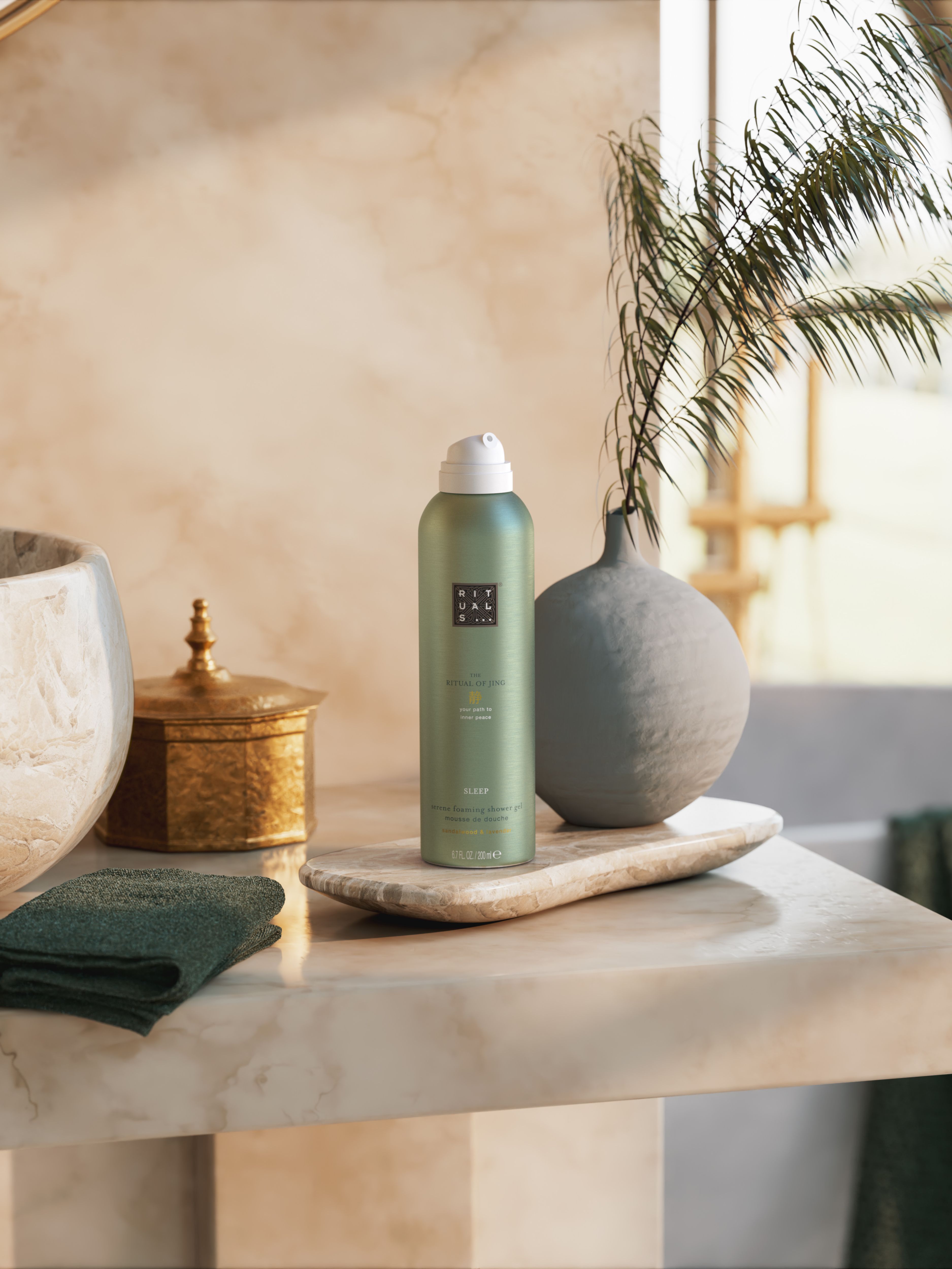 The Ritual of Jing Sleep Foaming Shower Gel Lifestyle with Product
