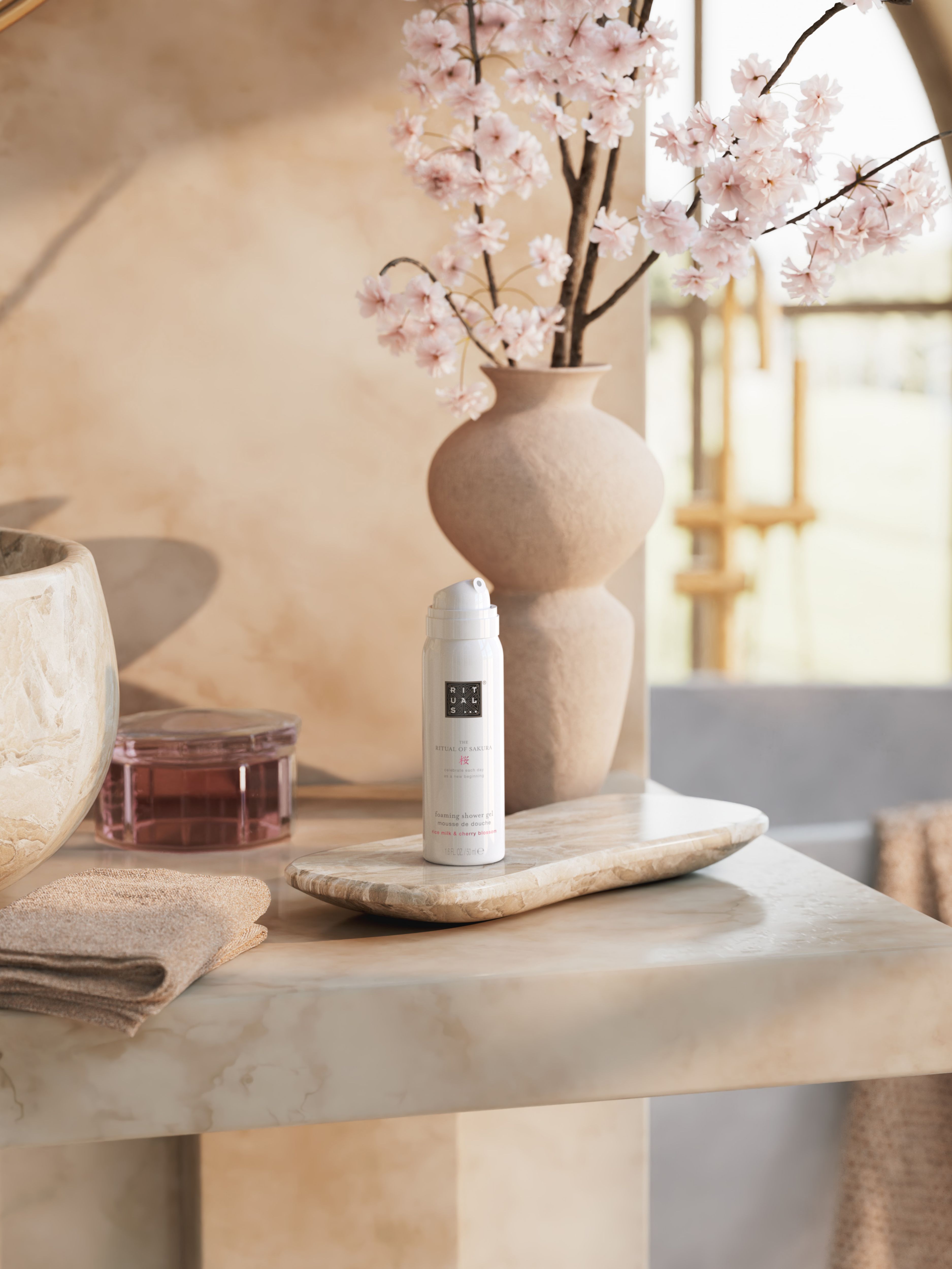 The Ritual of Sakura Foaming Shower Gel 50ml Lifestyle with Product