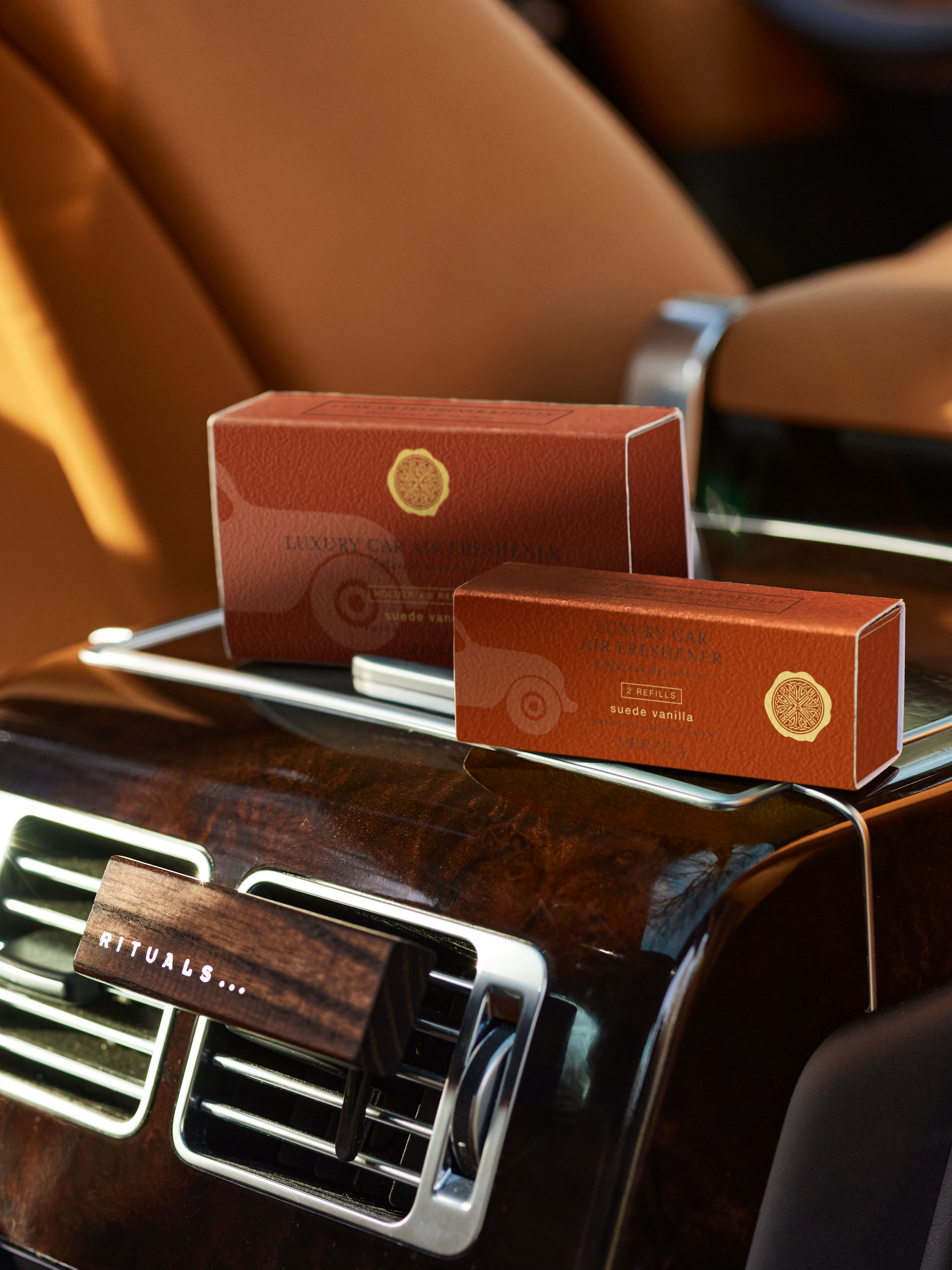 Suede Vanilla Refill Car Air Freshener Lifestyle with Product