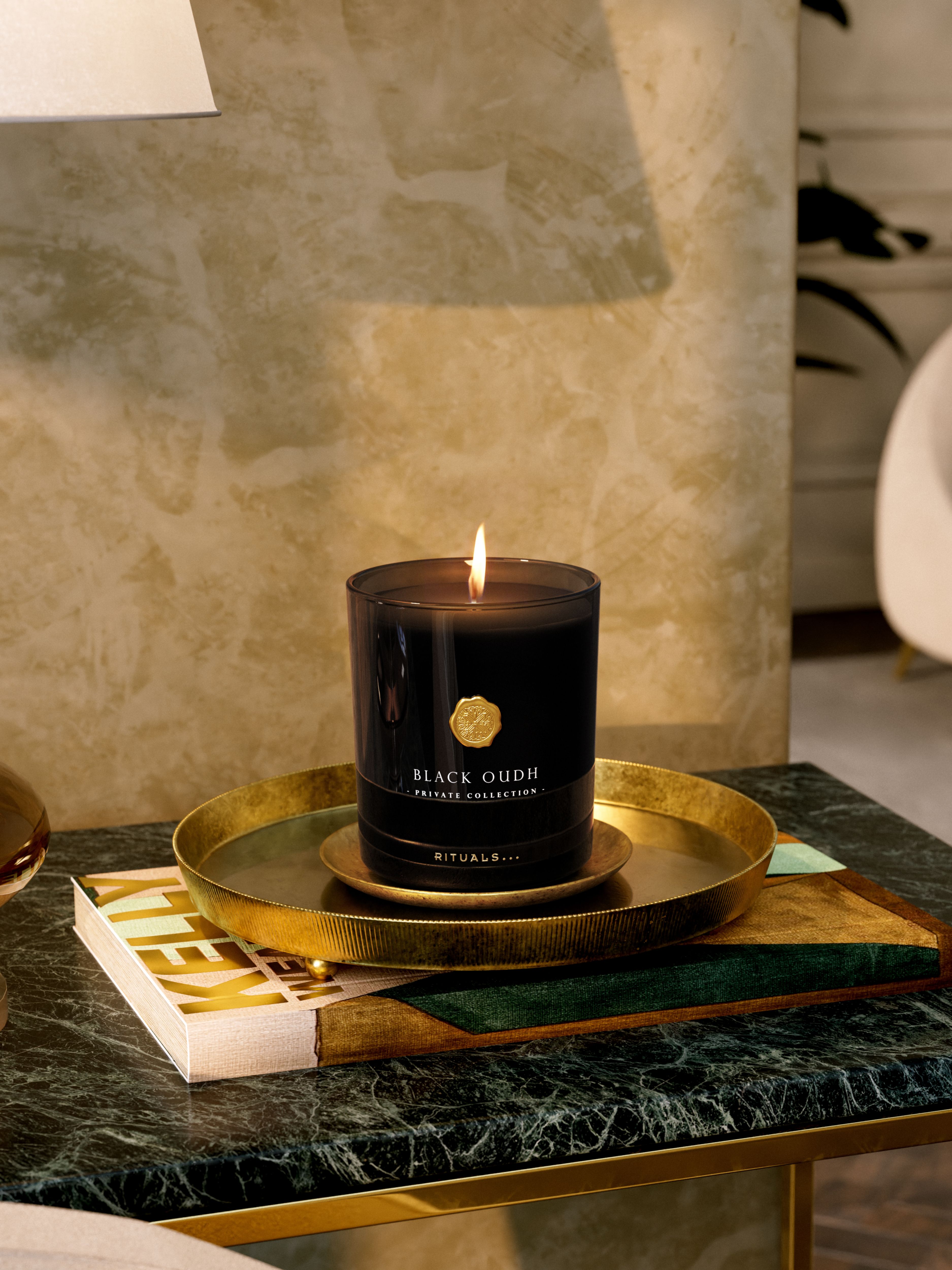 Black Oudh Scented Candle 360g Lifestyle with Product