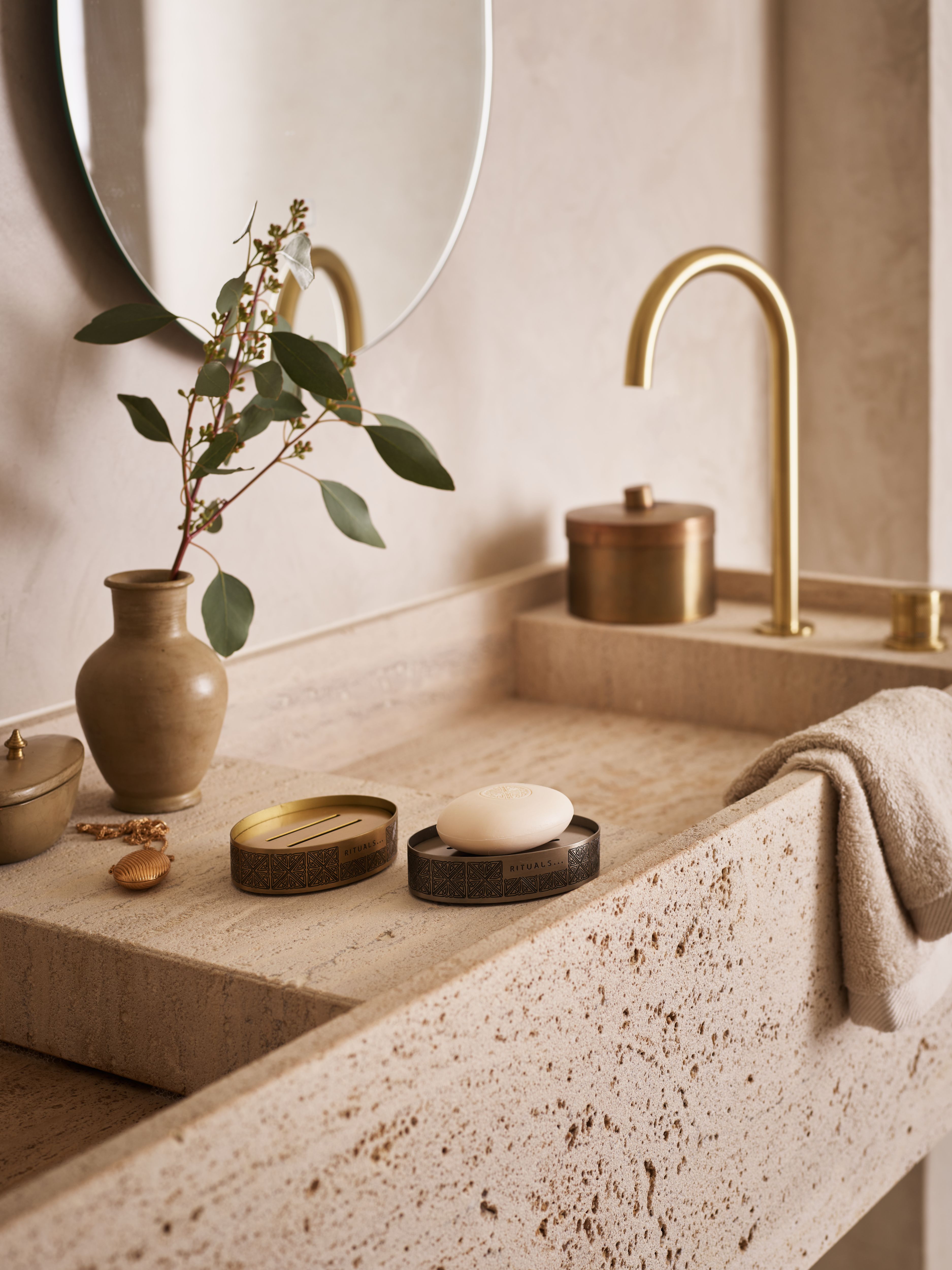 Enume Soap Tray Antique Brass Lifestyle with Product