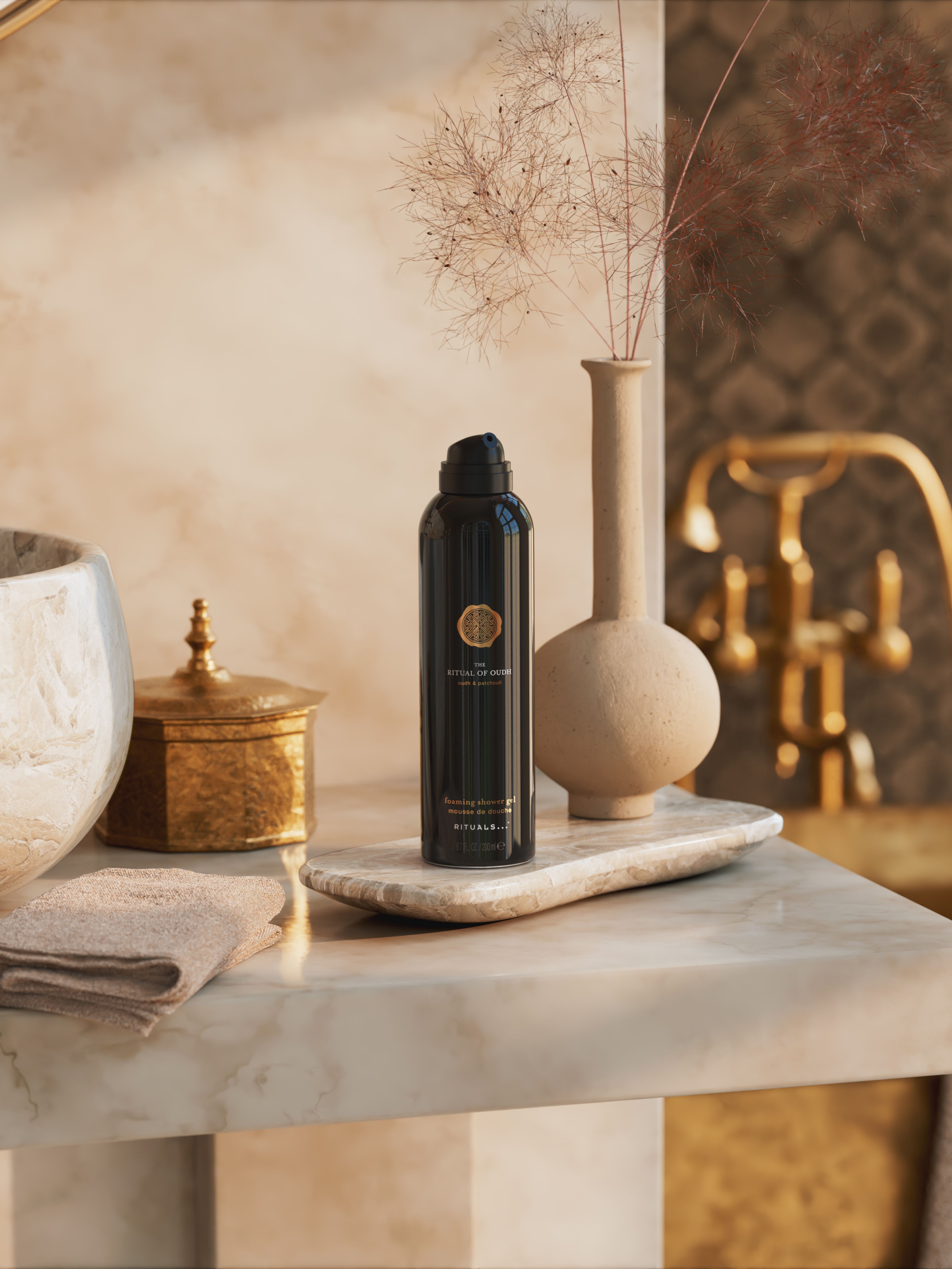 The Ritual of Oudh Foaming Shower Gel Lifestyle with Product