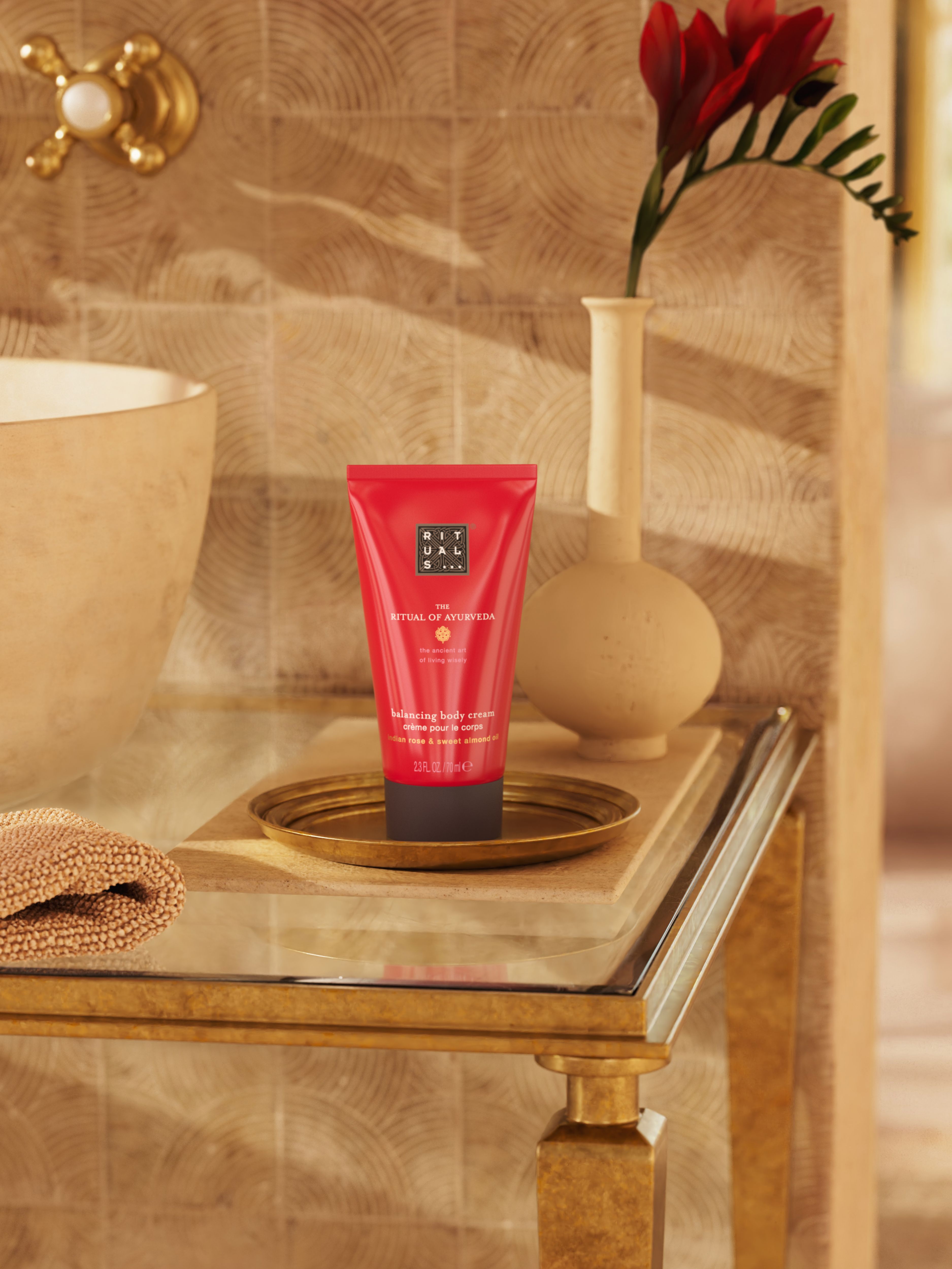 The Ritual of Ayurveda Body Cream 70ml Lifestyle with Product