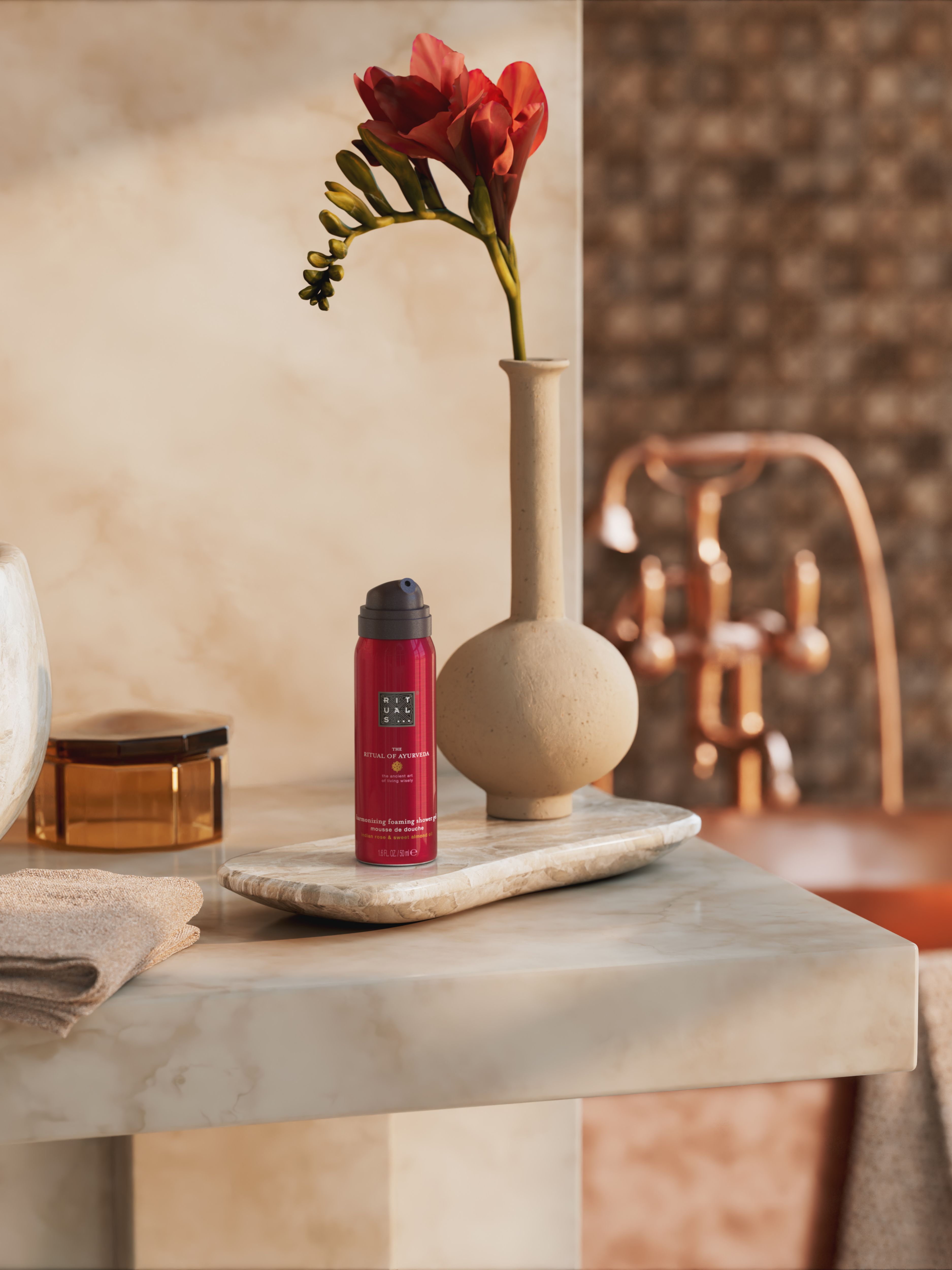 The Ritual of Ayurveda Foaming Shower Gel 50ml Lifestyle with Product