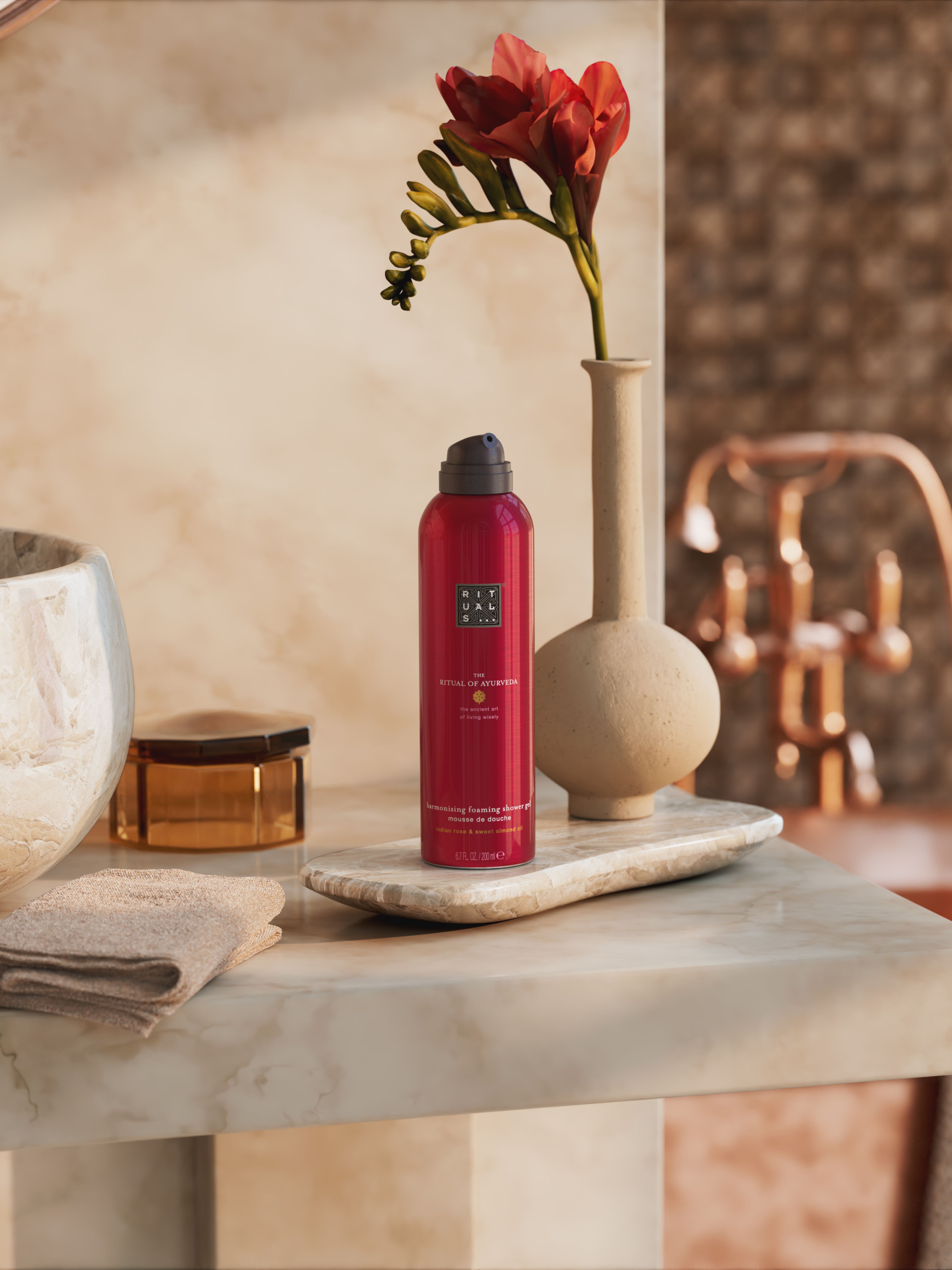 The Ritual of Ayurveda Foaming Shower Gel Lifestyle with Product