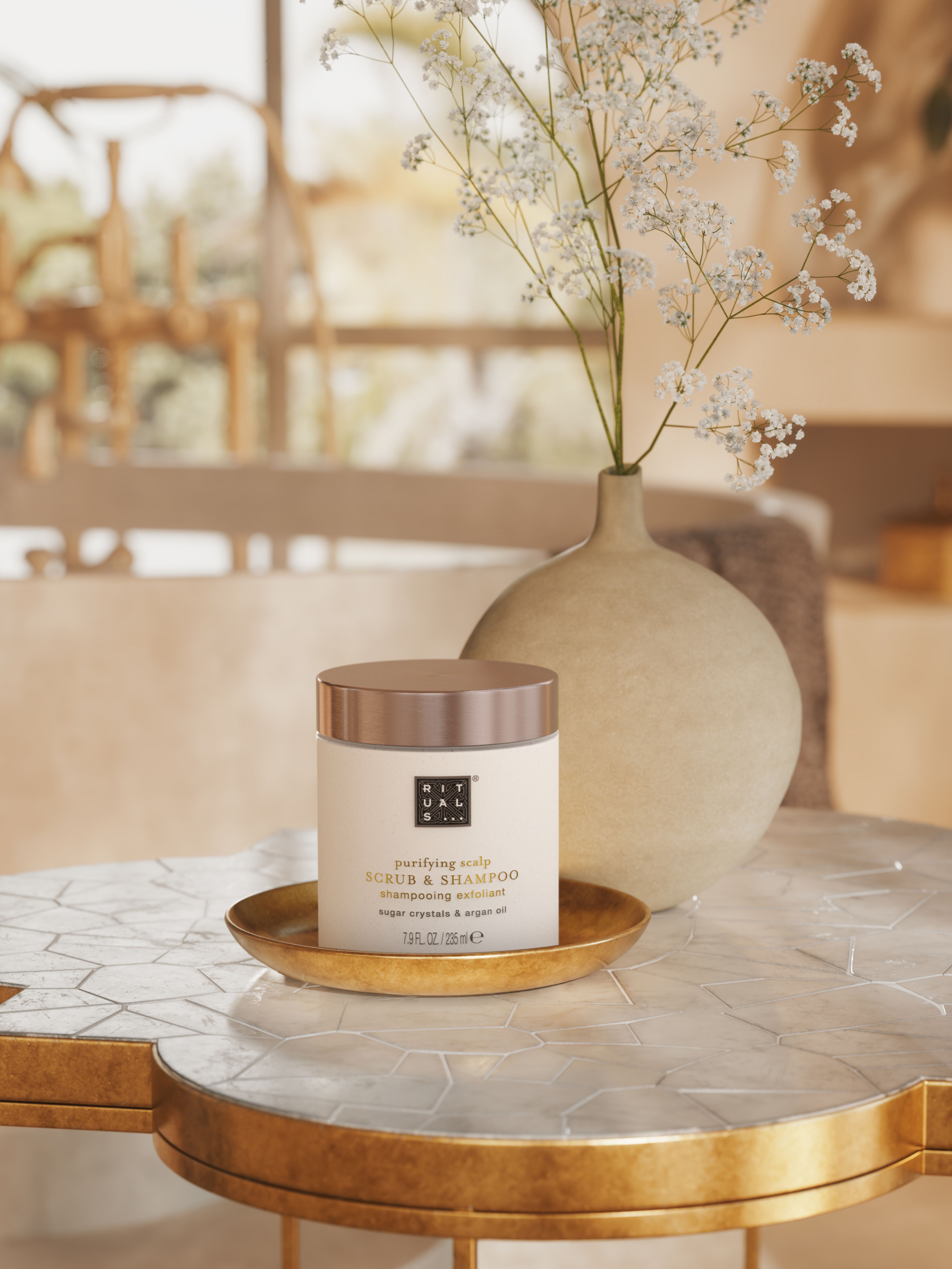 Elixir Collection Purifying Scalp Scrub & Shampoo Lifestyle with Product