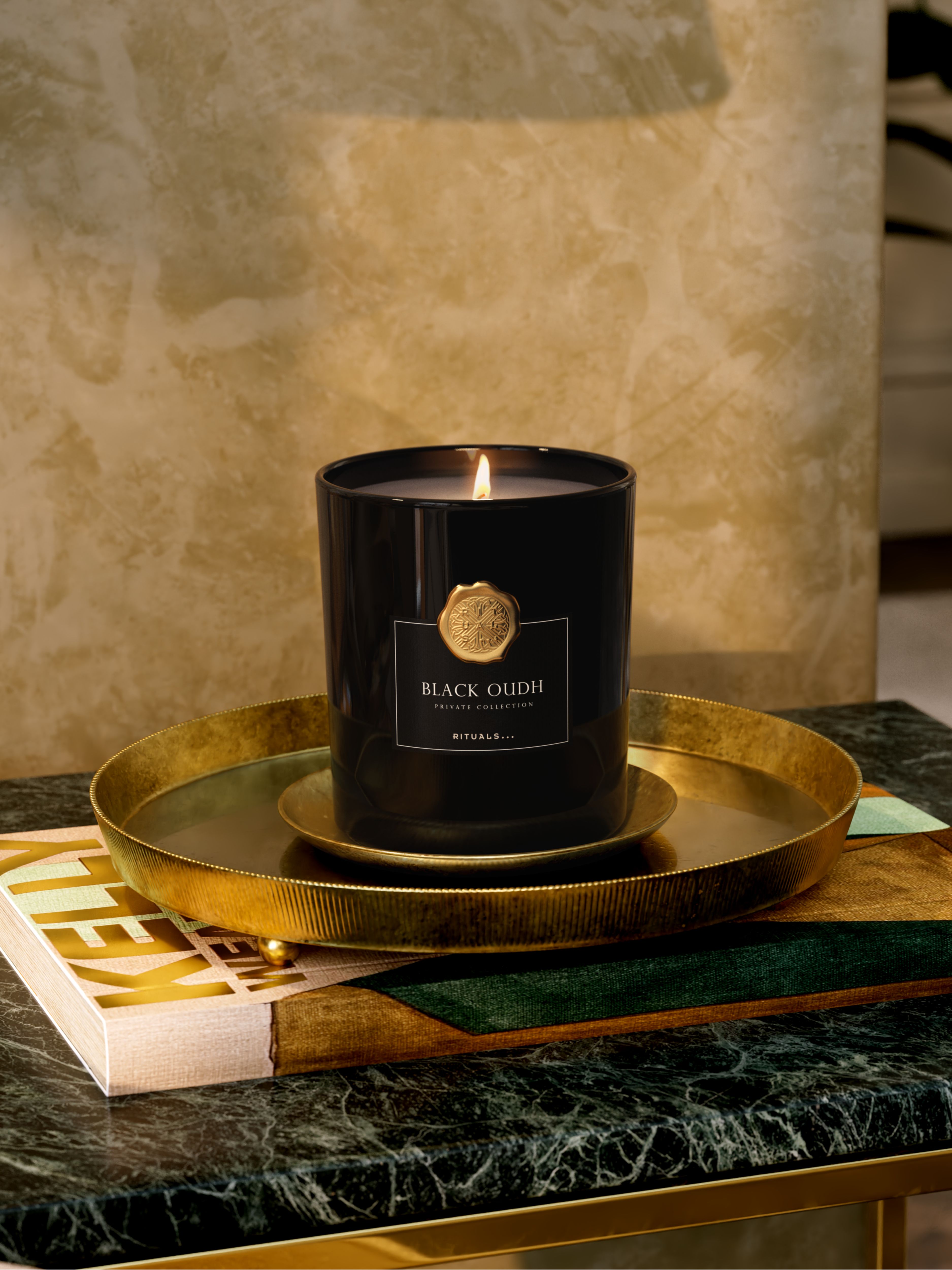 Black Oudh Scented Candle 360g Lifestyle with Product