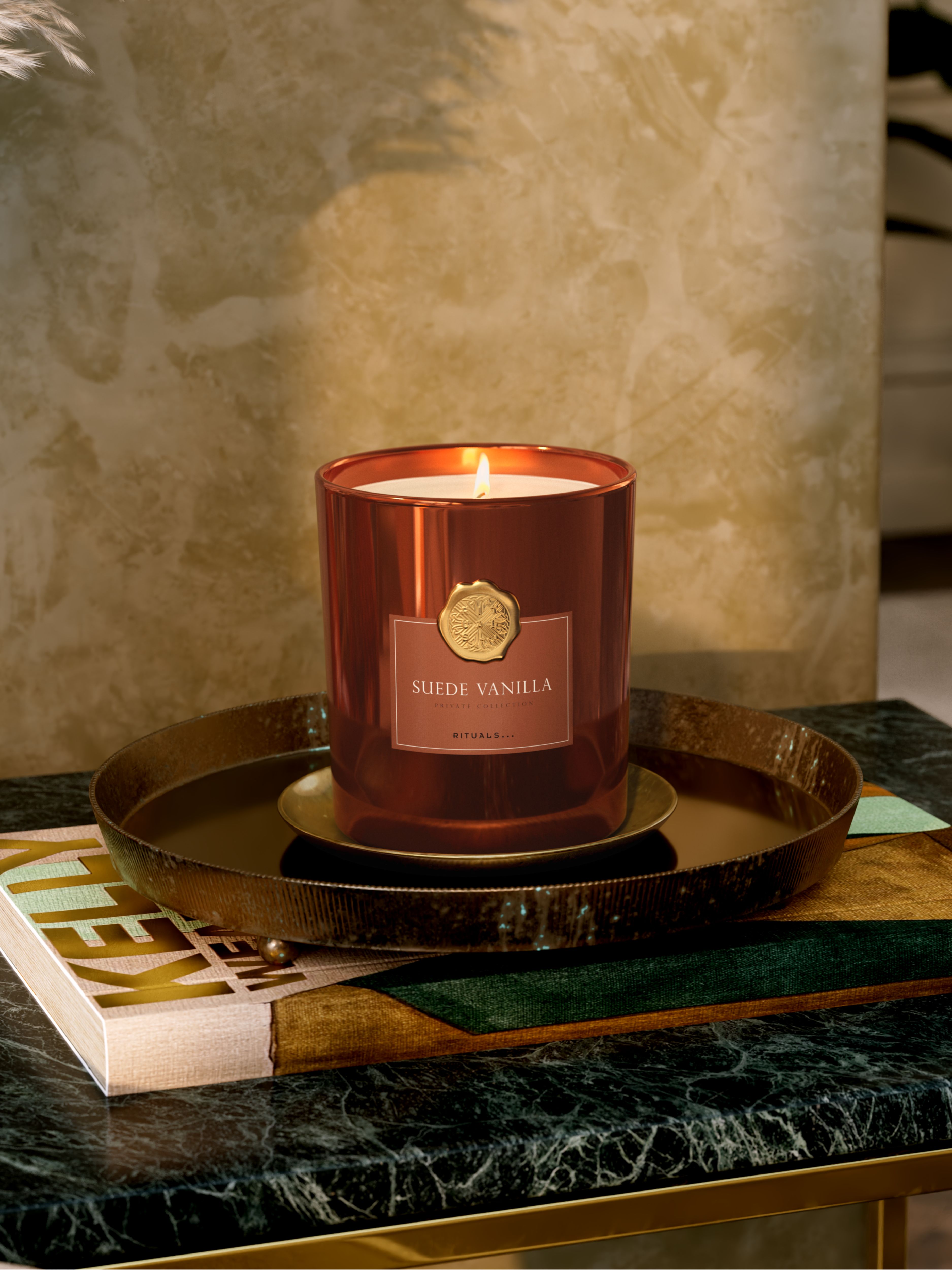 Suede Vanilla Scented Candle 360g Lifestyle with Product