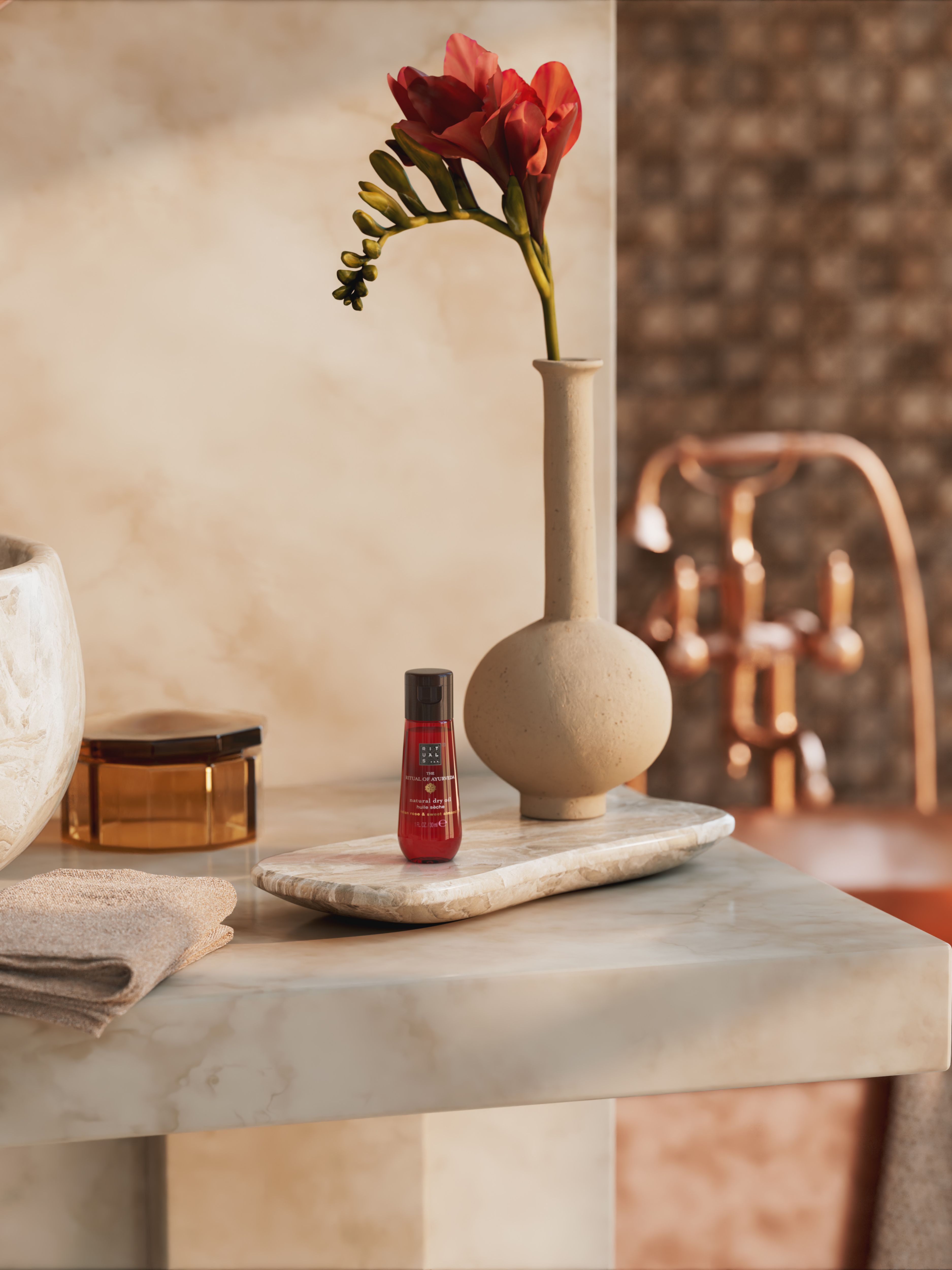 The Ritual of Ayurveda Dry Oil 30ml Lifestyle with Product