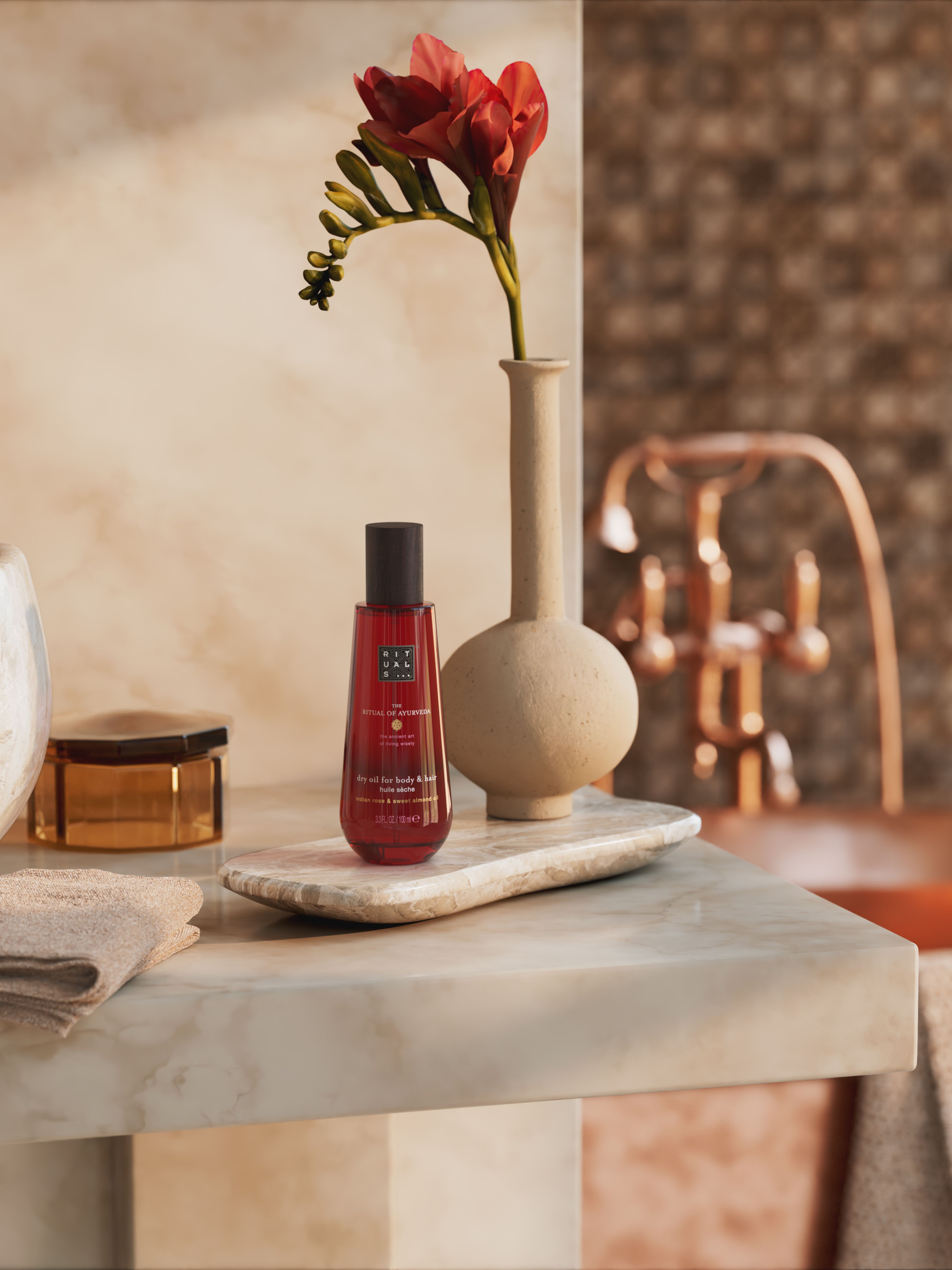 The Ritual of Ayurveda Super Dry Body Oil 100ml Lifestyle with Product