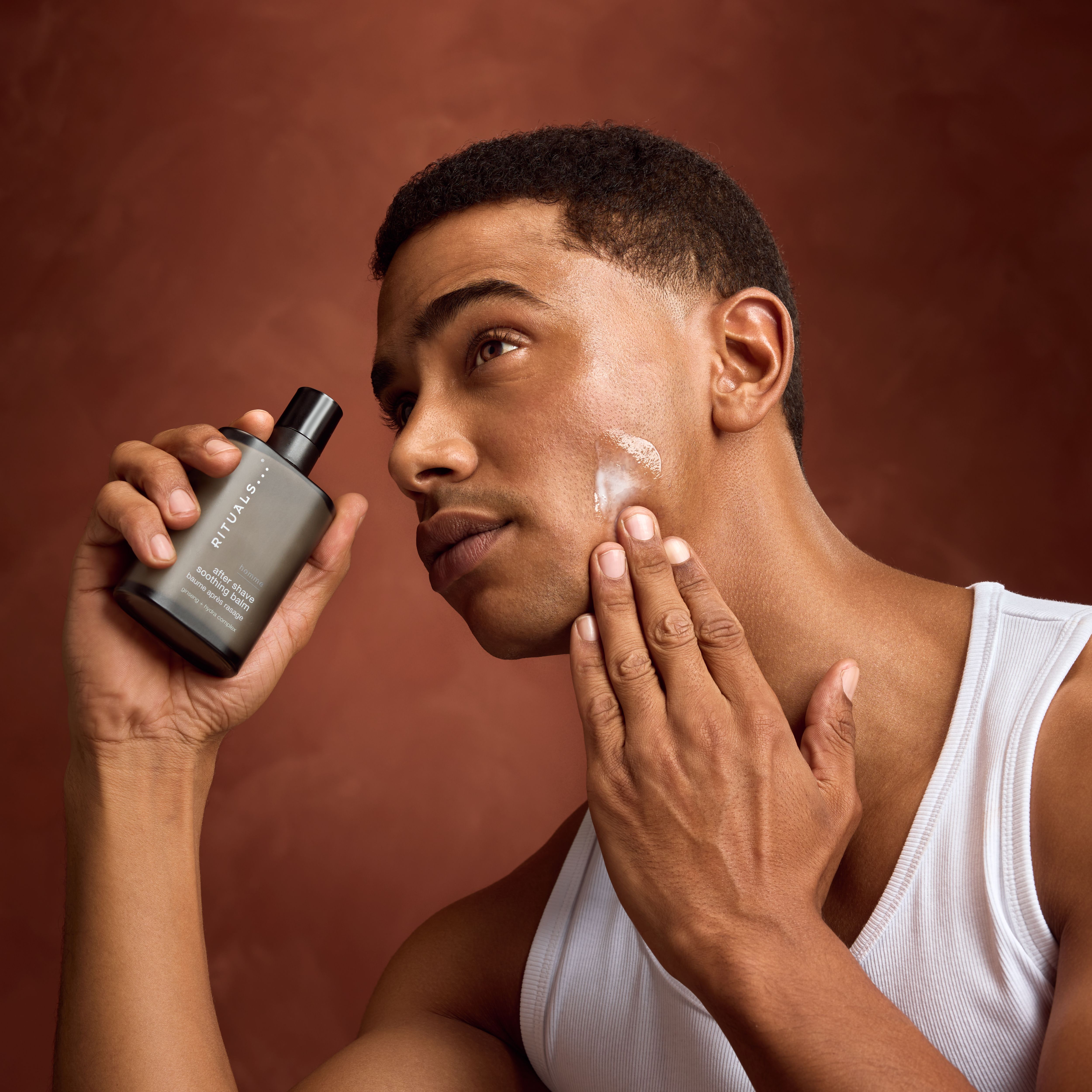Homme After Shave Soothing Balm Lifestyle with Model and Packshot