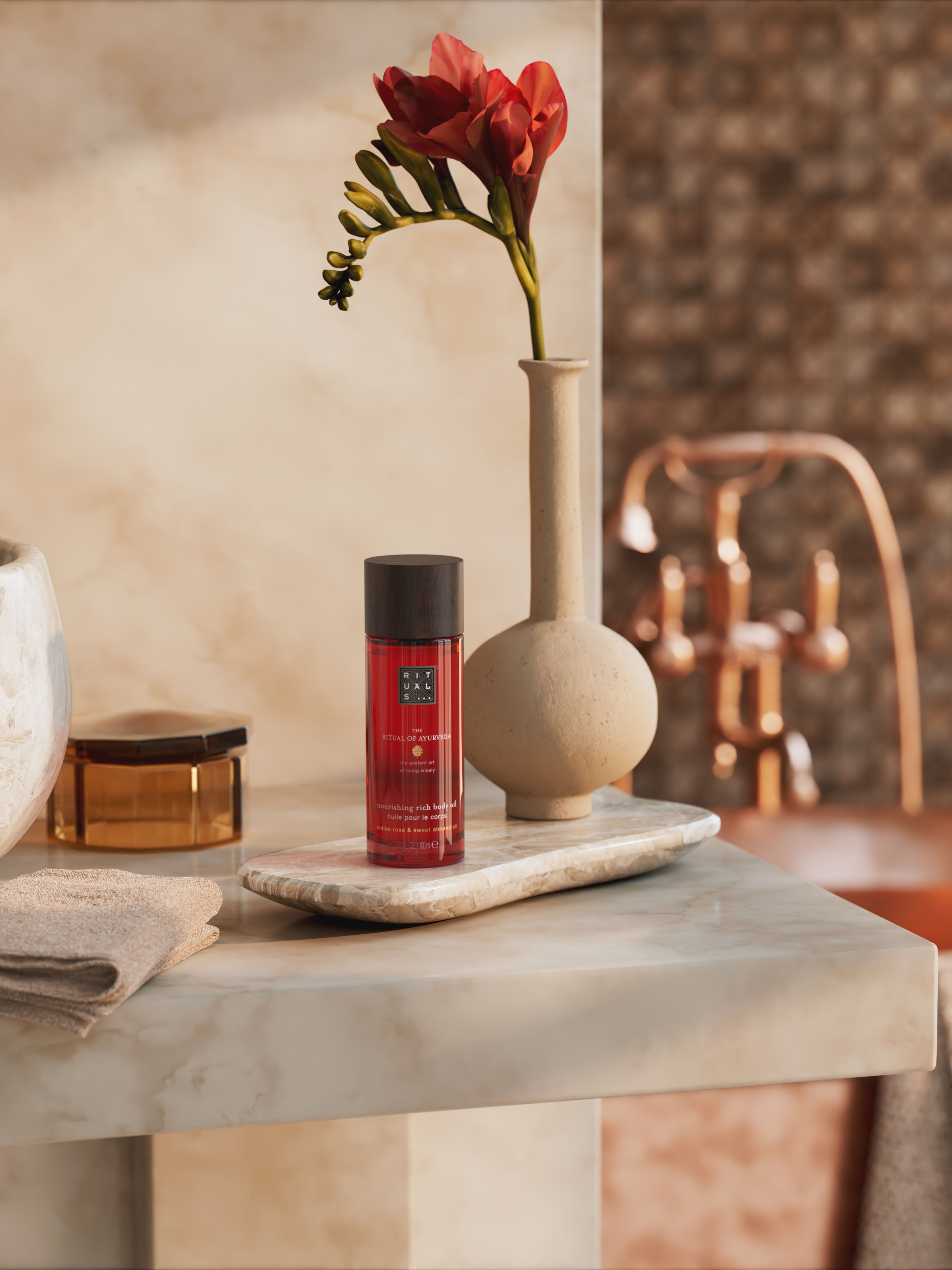 The Ritual of Ayurveda Rich Body Oil 100ml Lifestyle with Product