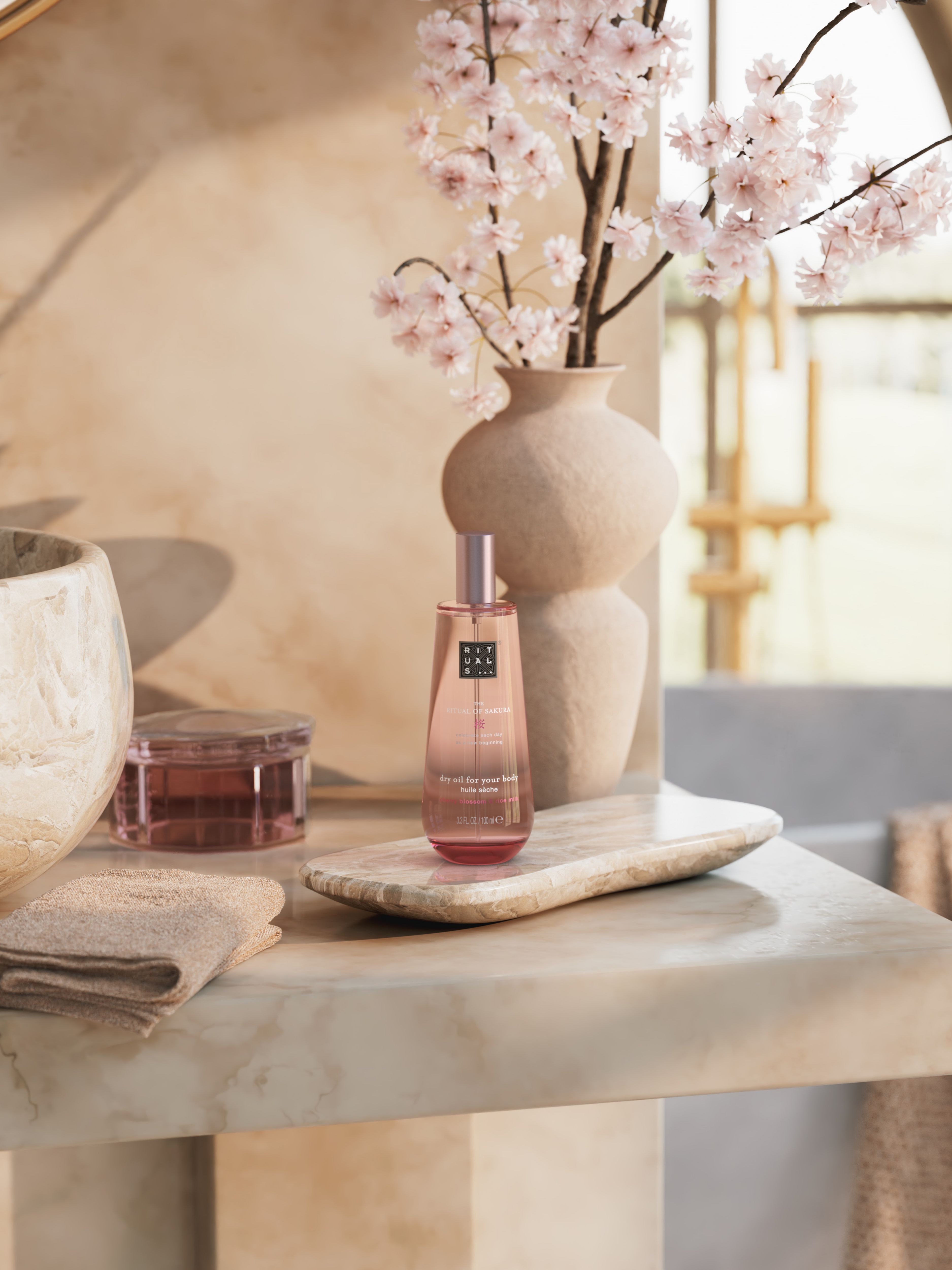 The Ritual of Sakura Dry Oil 100ml Lifestyle with Product