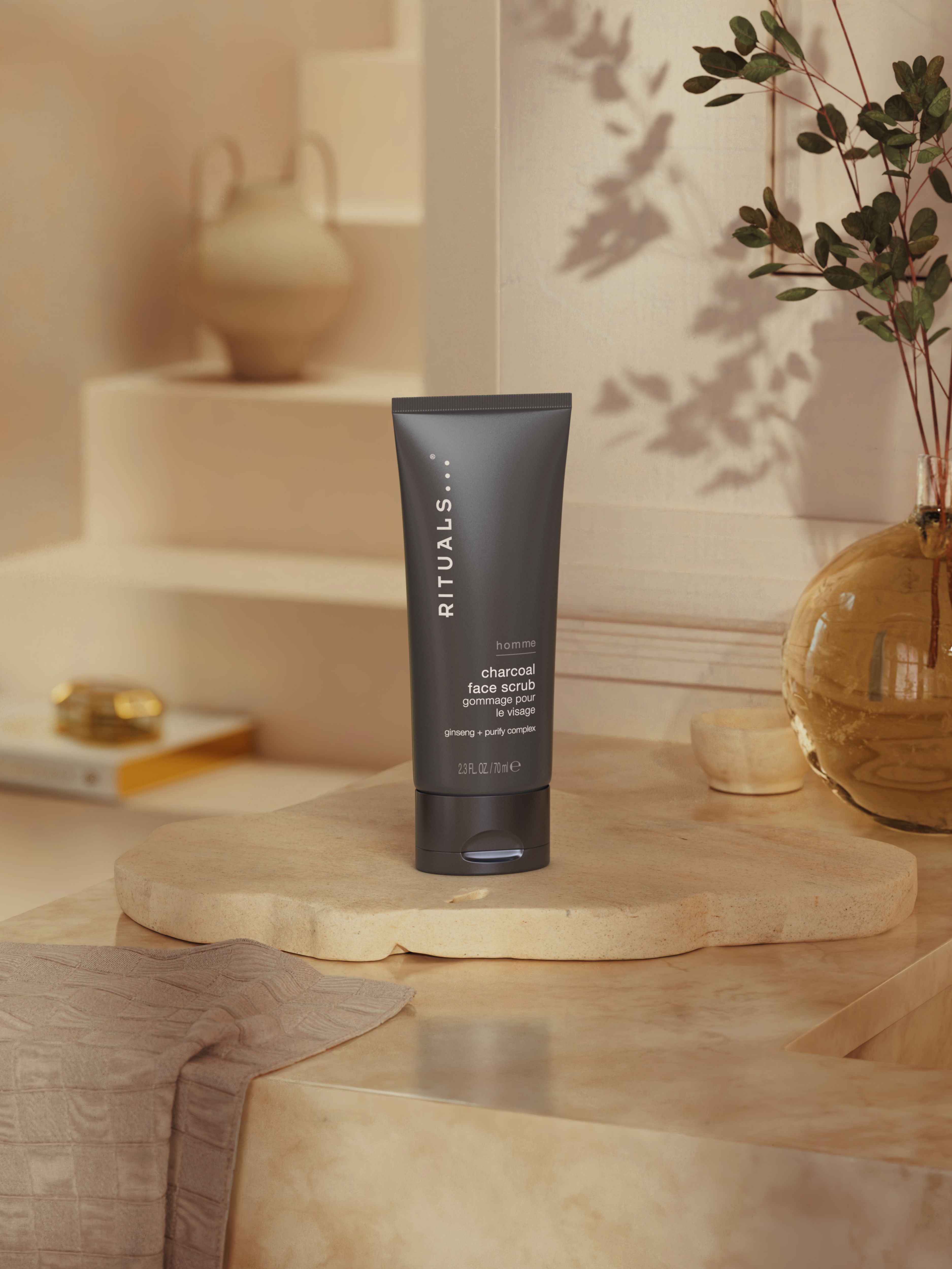 Homme Charcoal Face Scrub 70ml Lifestyle with Product