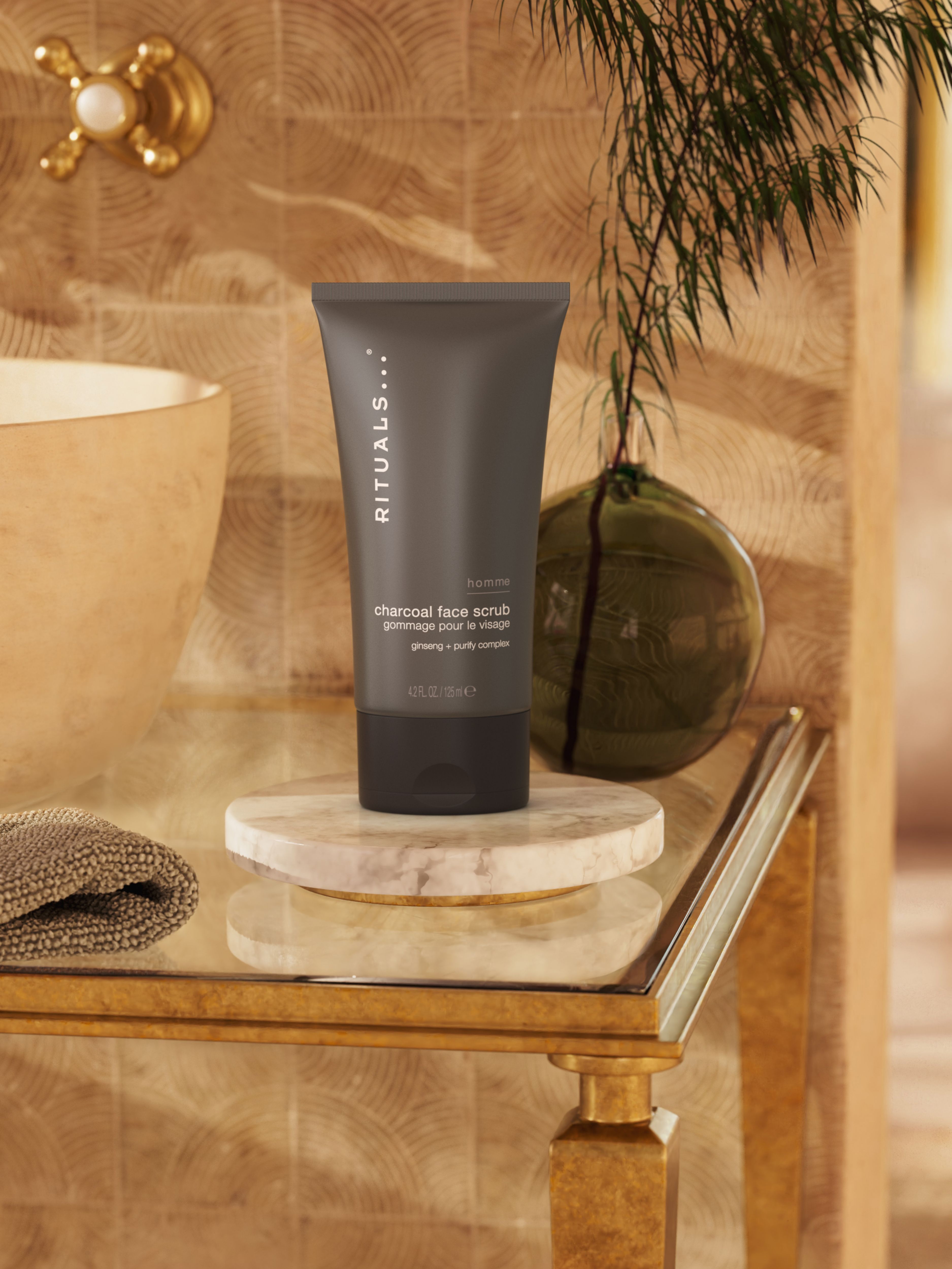Homme Charcoal Face Scrub Lifestyle with Product