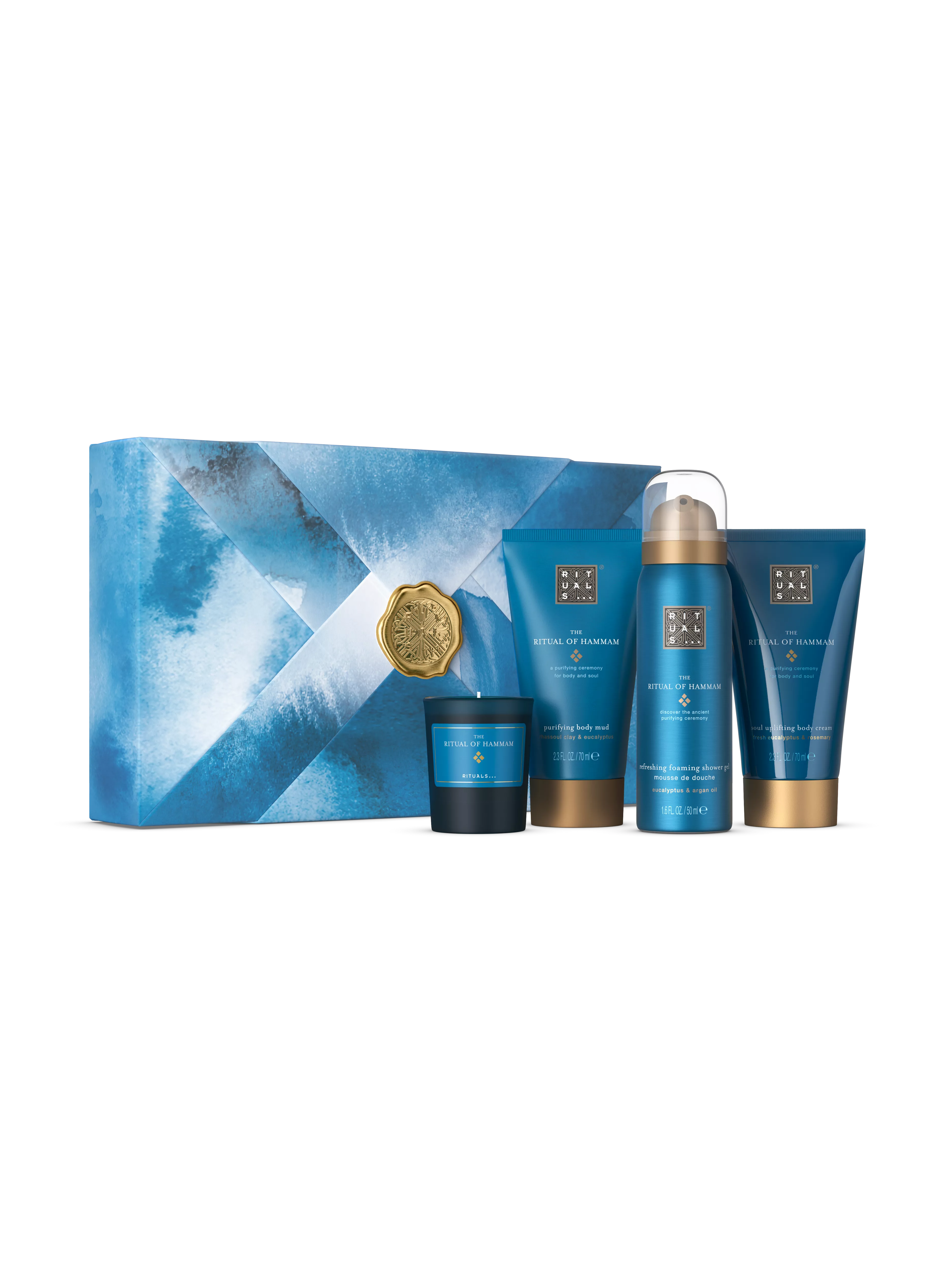 Duschschaum 50 ml, Duftkerze 25 g, Lehmpeeling 70 ml, Körpercreme 70 ml, hammam, Blau, RITUALS