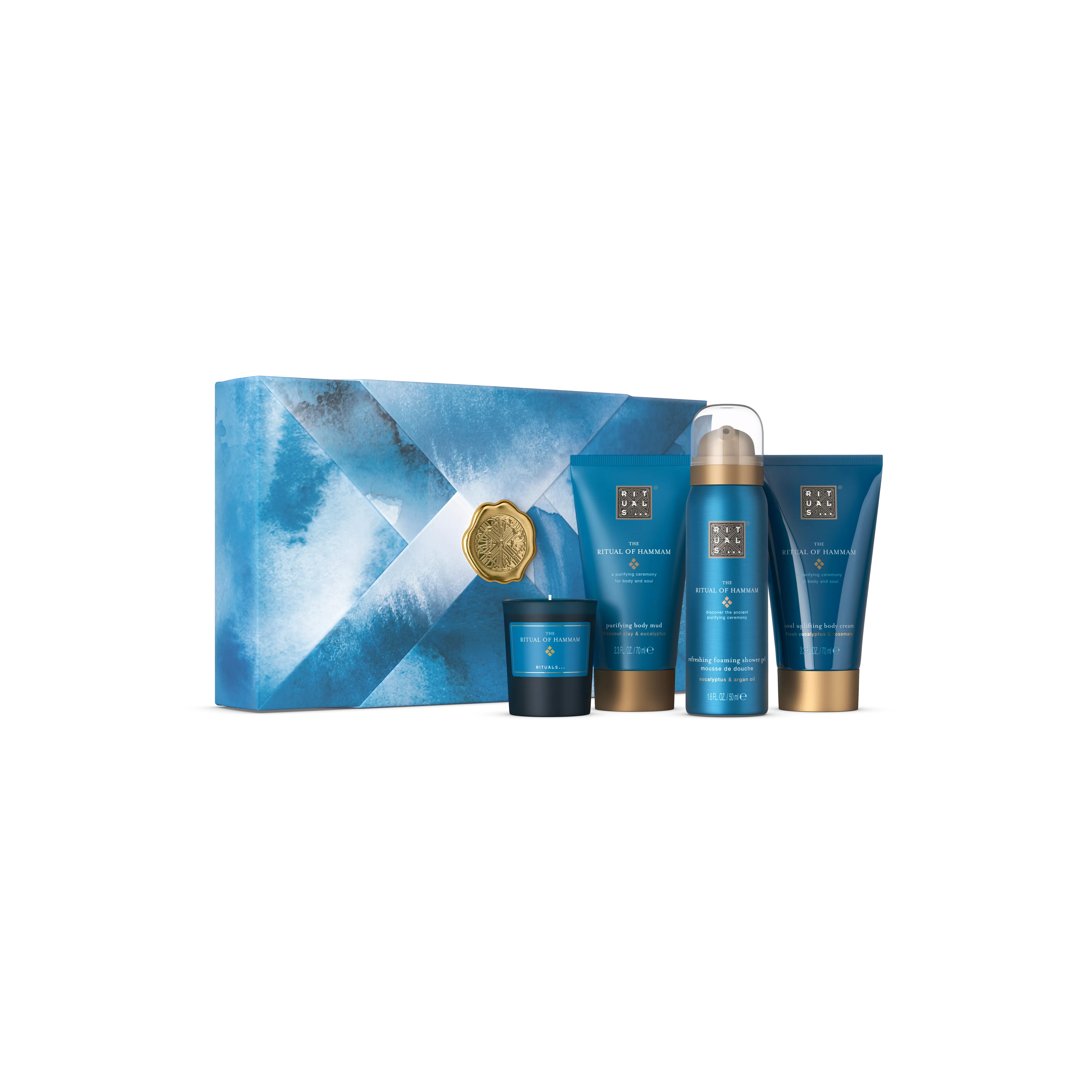 Duschschaum 50 ml, Duftkerze 25 g, Lehmpeeling 70 ml, Körpercreme 70 ml, hammam, Blau, RITUALS