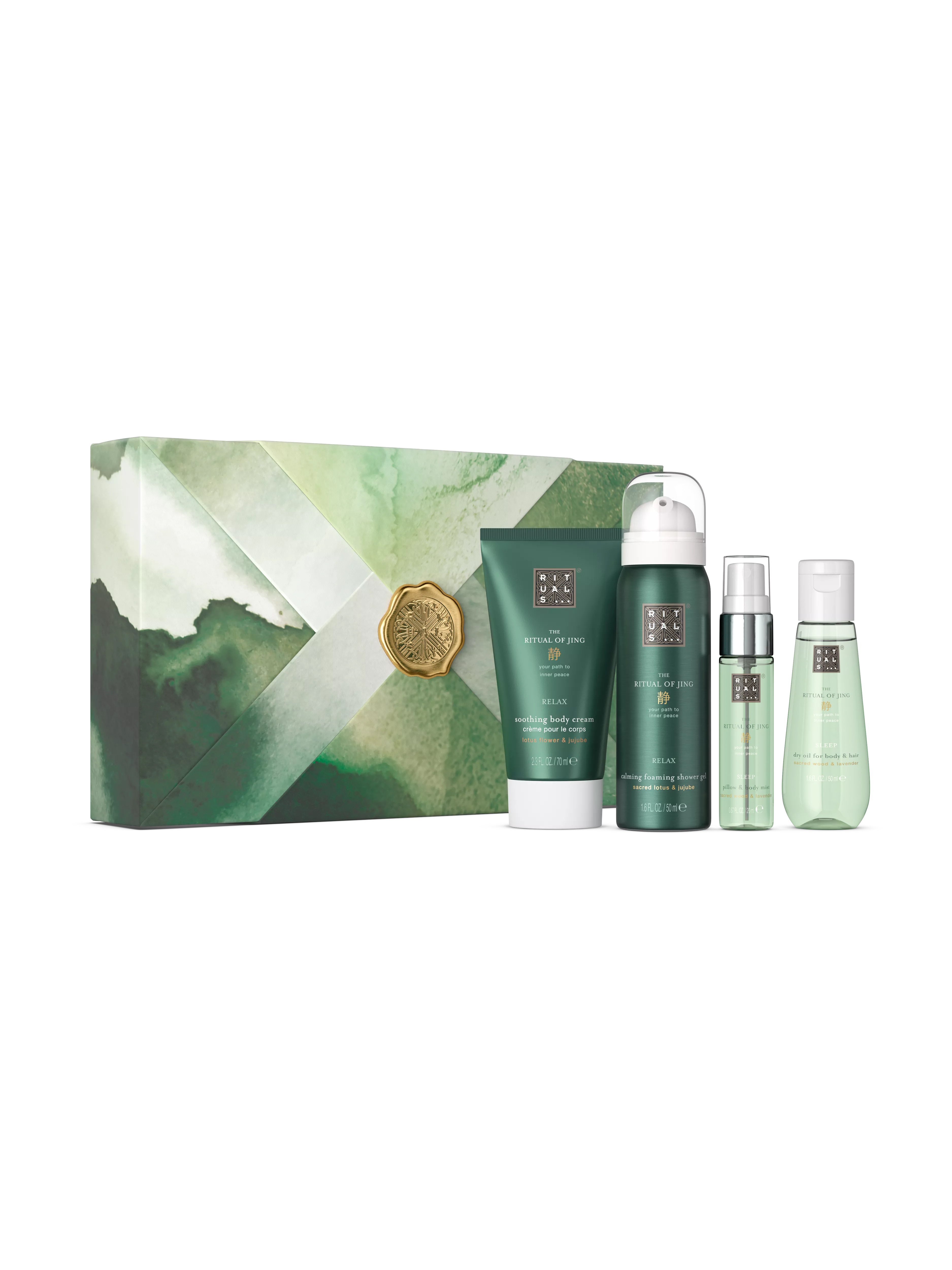 Duschschaum 50 ml, Körpercreme 70 ml, Trockenöl 50 ml, Kissen- und Körperspray 20 ml, jing, Grün, RITUALS